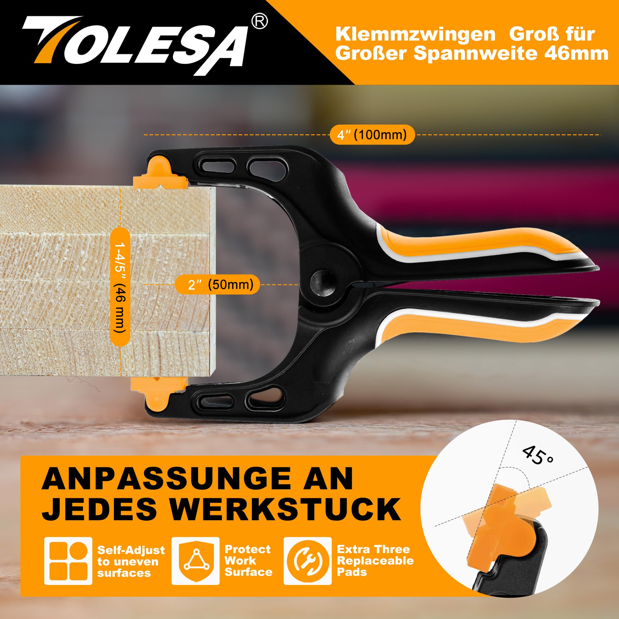 TOLESA klemmzwingen Set 8 Stück für Leimen, Pool, Fotografie, Holz, 4 Inch (100mm) Klemme Nylon Federklemmen Federzwingen mit Hoher Spannkraft 6.8 kg Federzwinge Set Groß Spannweite 46mm