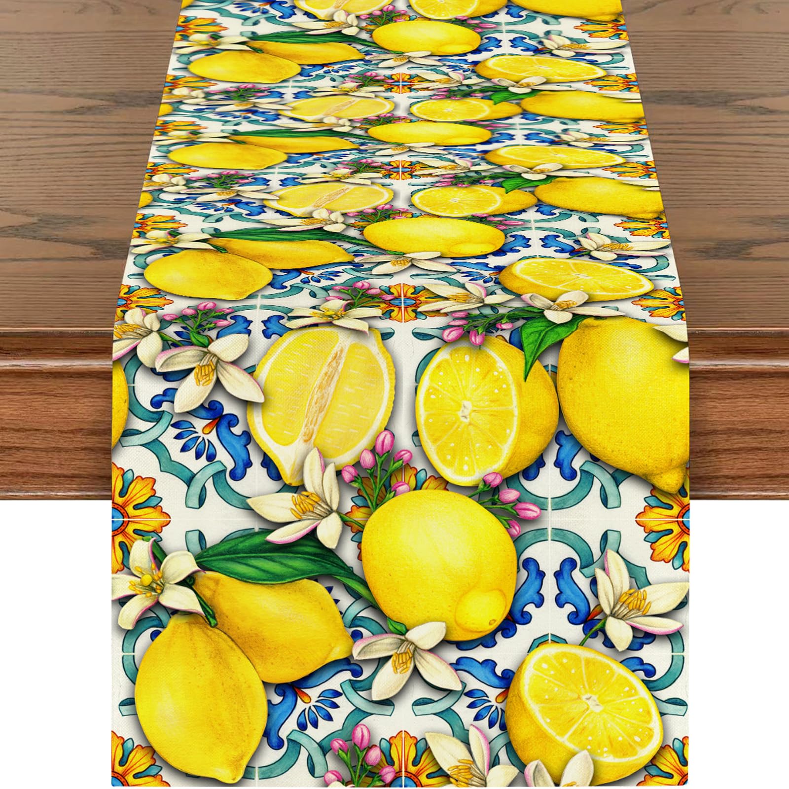 BSITSSS Table Runner 33 x 180cm, Blue Lemon lris Floral Table Runner, Fresh Dining Table Decor for Seasonal Summer Home Kitchen Indoors Outdoors Holiday Party