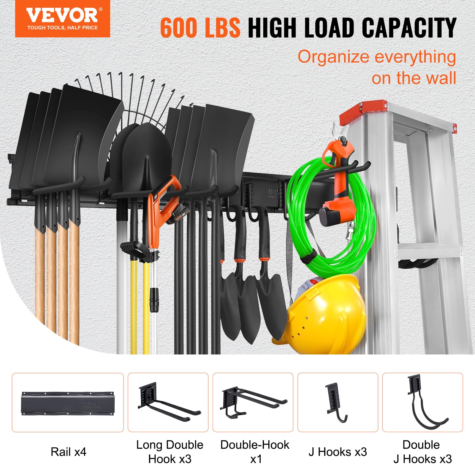 VEVOR Support Mural d'Outils de Garage, Capacité de Charge Maximale 272 kg, Organisateur de Rangement Jardin avec 10 Crochets Réglables et 4 Rails pour Outils de Jardin, Pelles, Coupe-bordures, Tuyaux