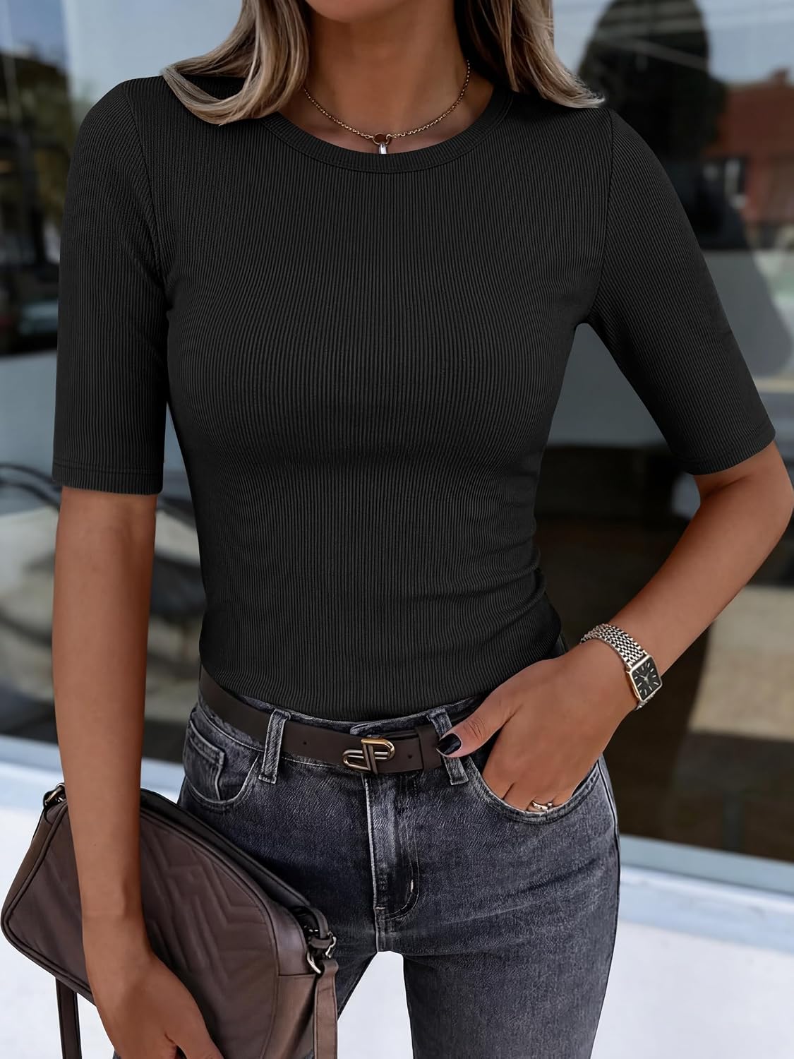 ANRABESS Half Sleeve Tops for Women Ribbed Knit Basic Tee Shirts image 2