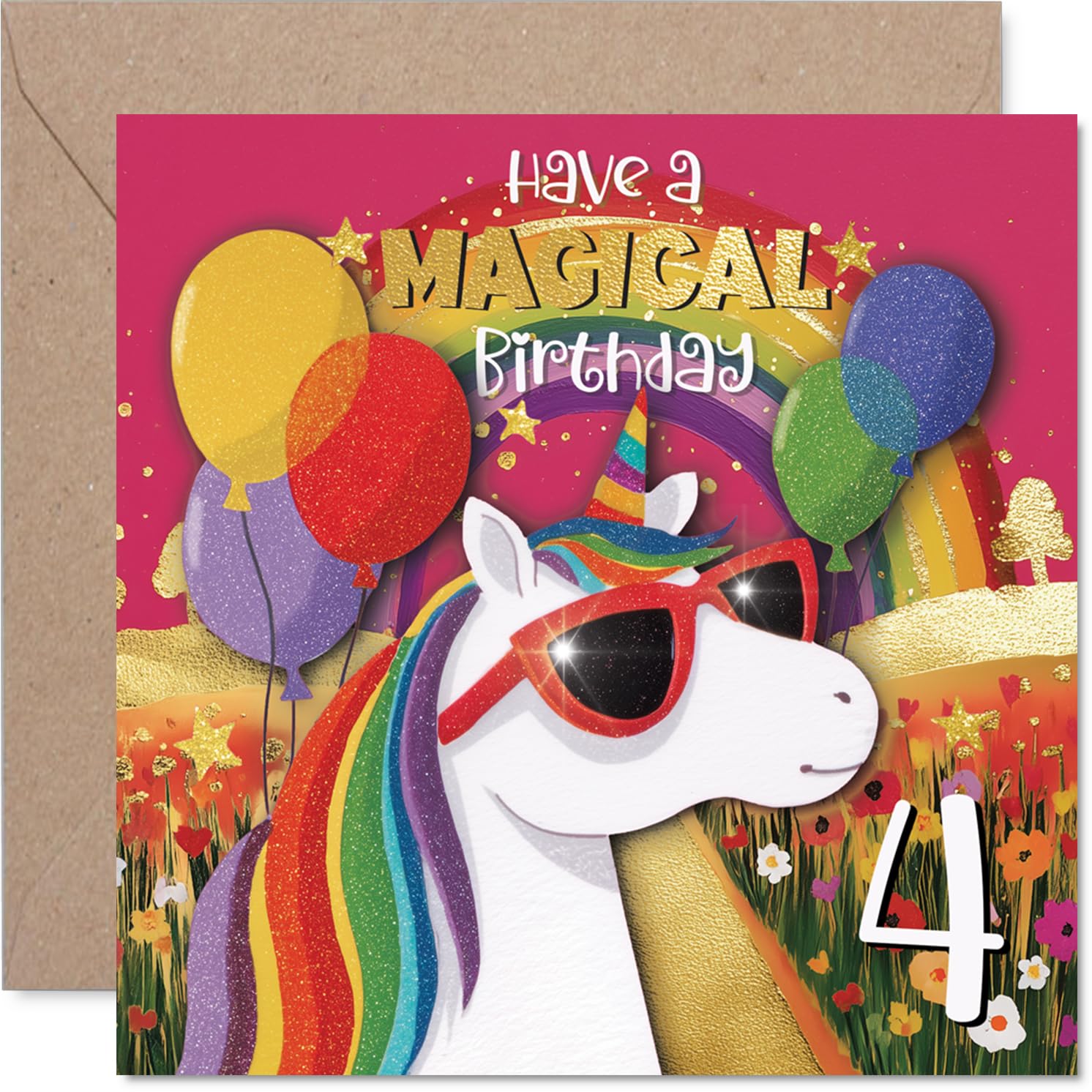 Playful 4th Birthday Card - Unicorn with Sunglasses and Rainbow Balloons - Bright, Whimsical Design Full of Birthday Magic - 145mm Square, Envelope Included