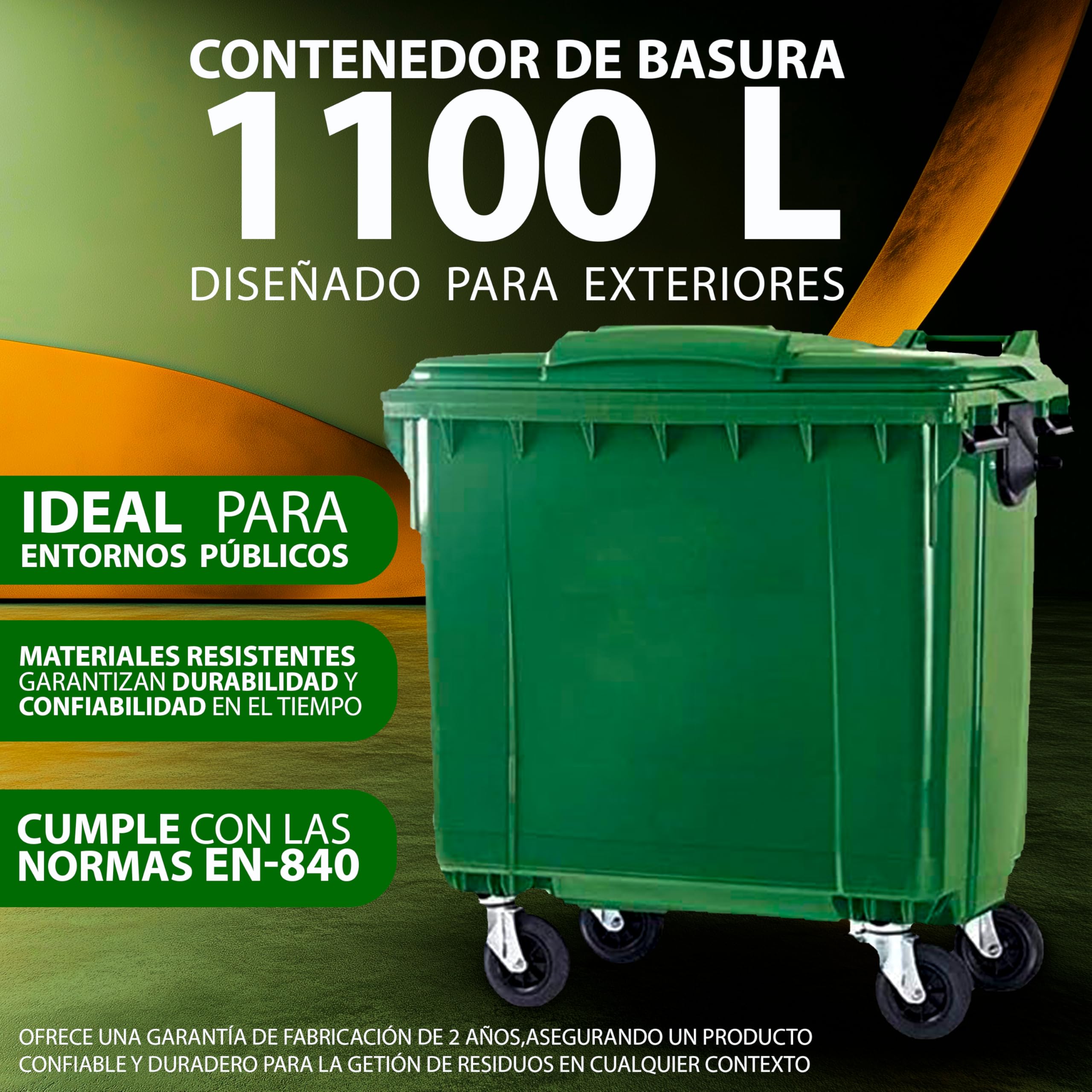 SSI Contenedor de Basura 1100L con Tapa Plana - Ruedas con Freno, Desagüe Inferior, Cumple Normativa EN-840, Ideal para Grandes Volúmenes de Residuos y Reciclaje en Exteriores (Verde, 1100 litros)