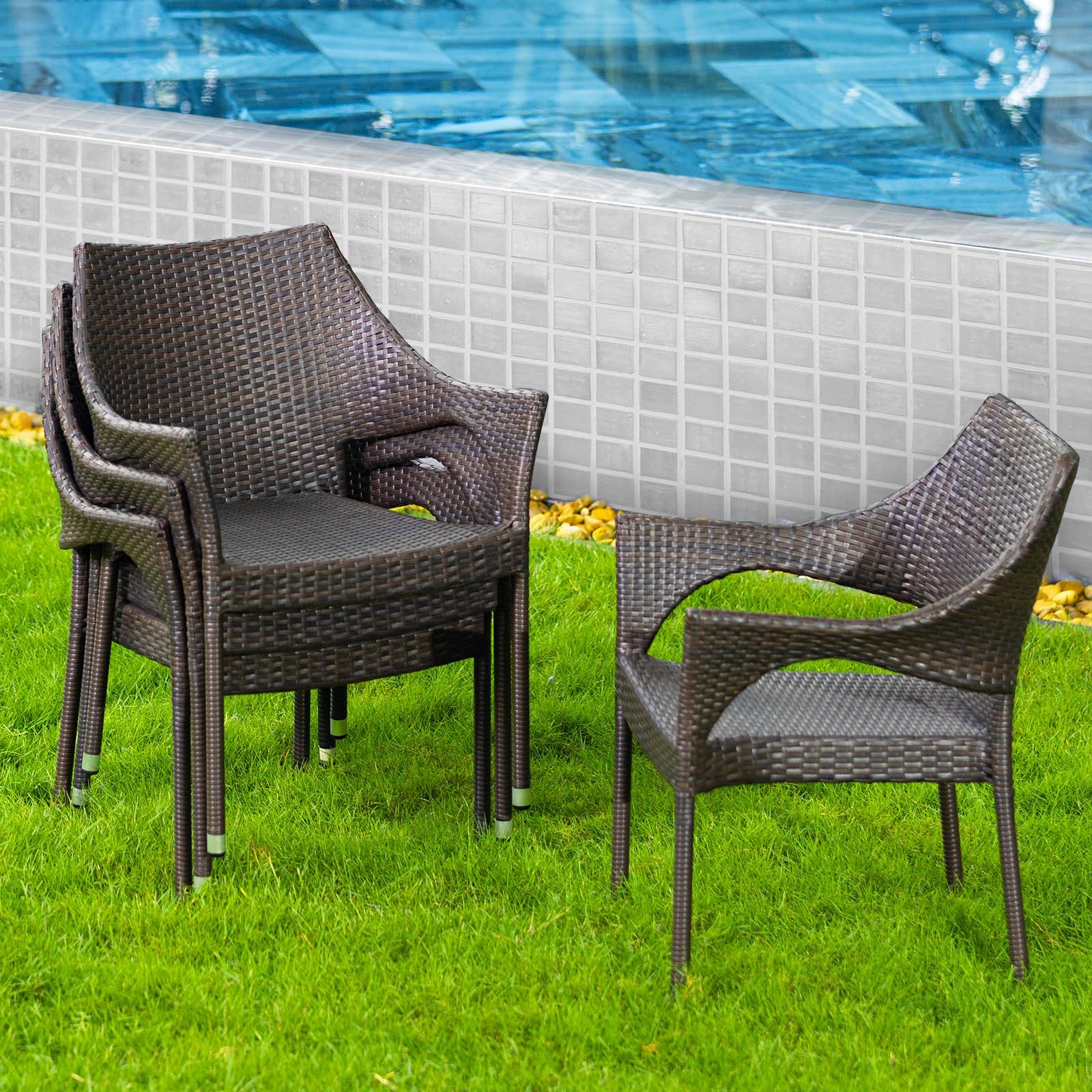 IDZO Etonnant Outdoor Dining Chairs Set of 4, 2000 Hours UV Wicker, Supports 400lbs, Stackable with Curved Armrest and Powder-Coated Steel Frame, Ideal for Patio, Garden, Balcony, and Outdoor Use