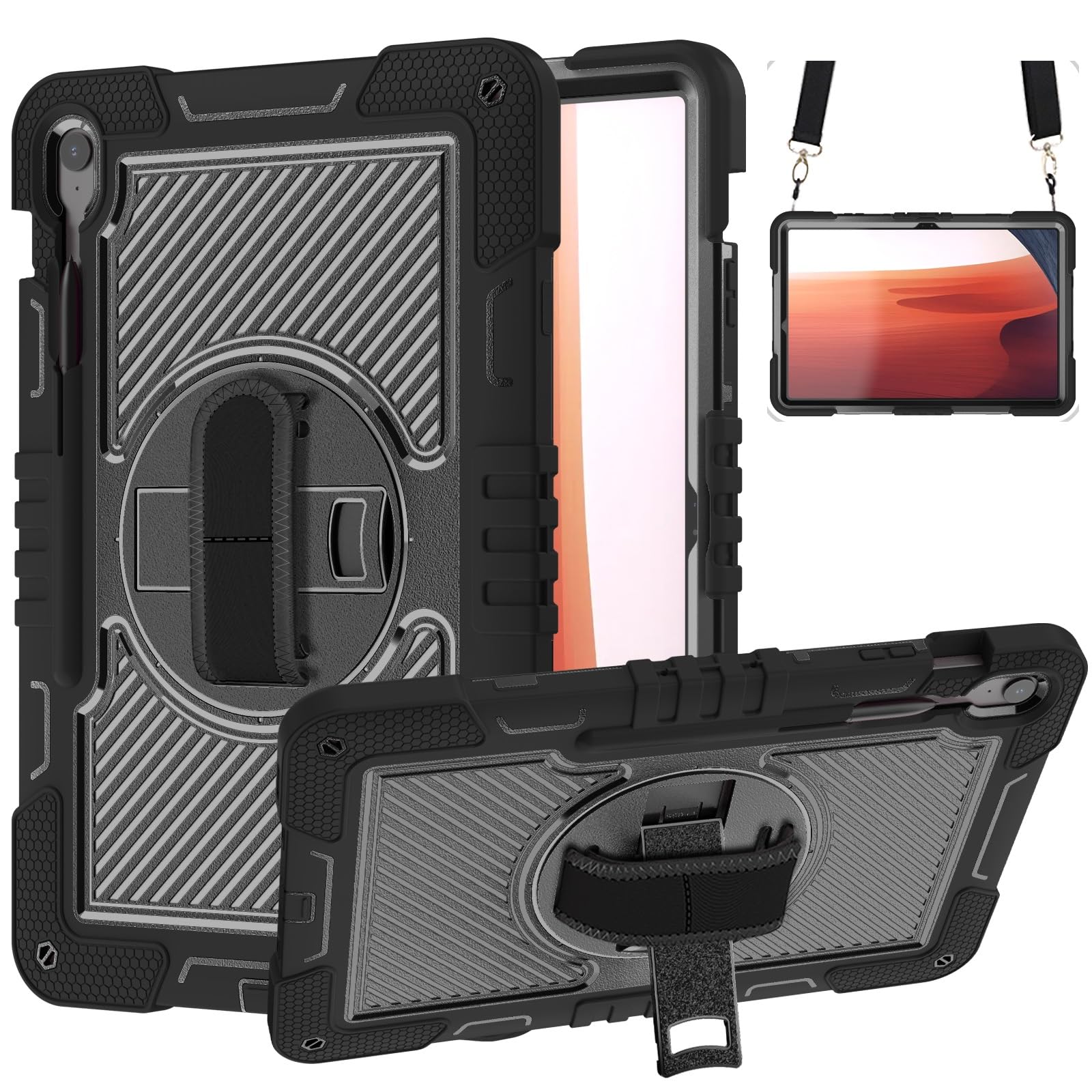 Custodia protettiva antiurto per Samsumg Galaxy Tab S10 FE+/S10 FE Plus 13" 2025, custodia protettiva antiurto con cinghia da polso e tracolla, supporto stabile in silicone (nero)