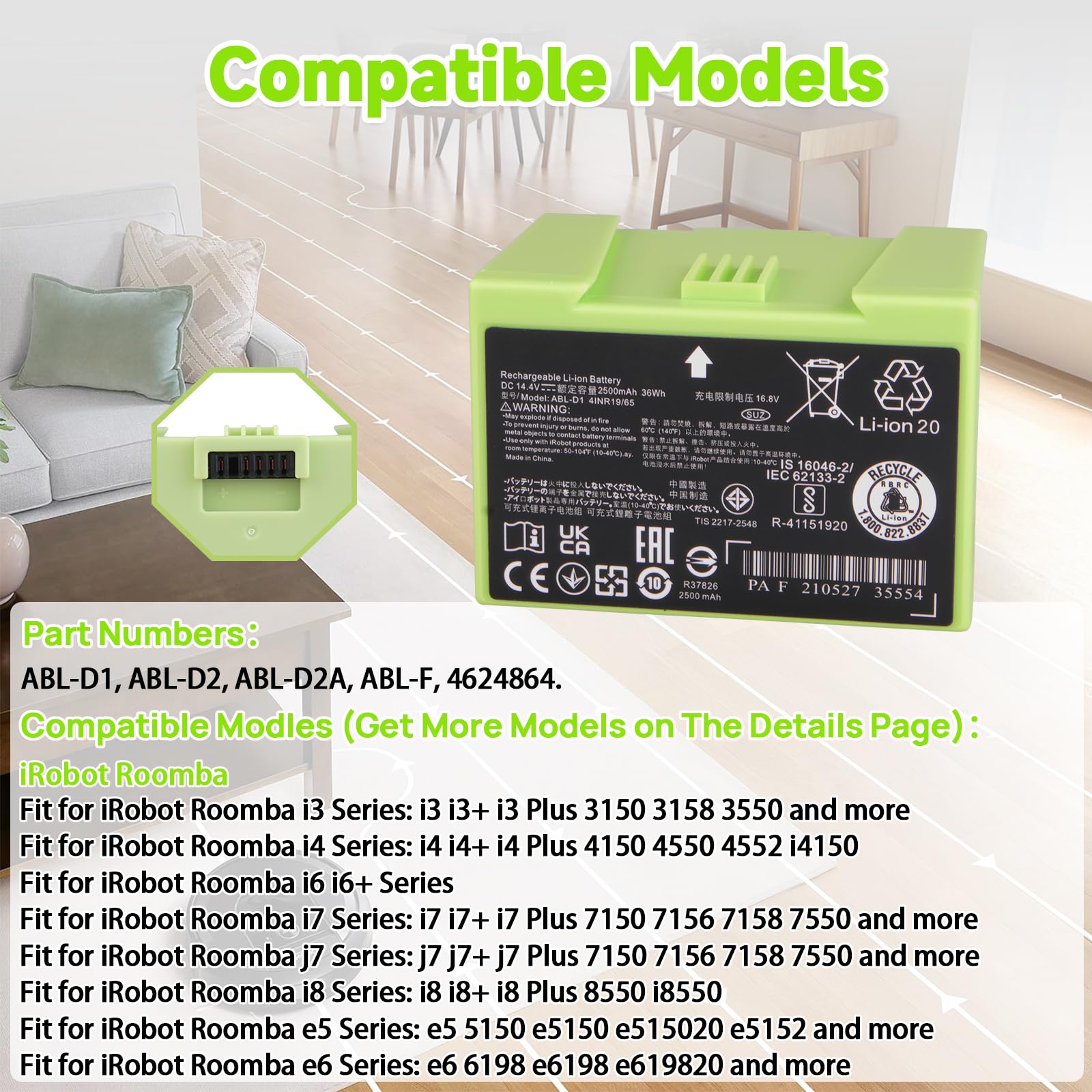 2500mAh Batterie ABL-D1 Compatible avec iRobot Roomba Séries e et i, i8 i8+ i7 i7+ i4 i4+ i3 i3+ i6 e5 e6 J7 7150 7156 7158 7558 3150 3158 3550 e5150 e5152 e6198, ABL-D2 [14,4 V 36 Wh]