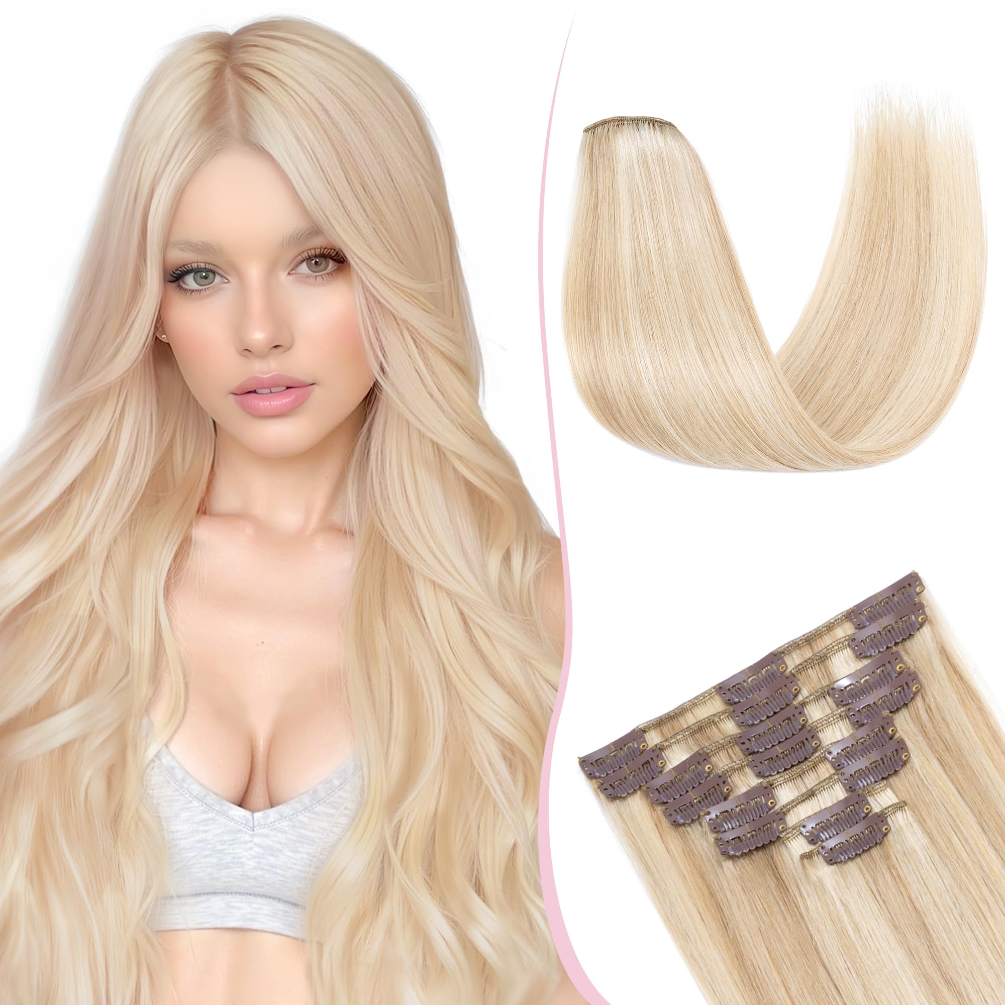50CM Remy Clip in Extensions Glatt Echthaar Haarteil 8 Stück Haarverlängerung 75g, 18P613#Aschblond & Weißblond?Hair Extension