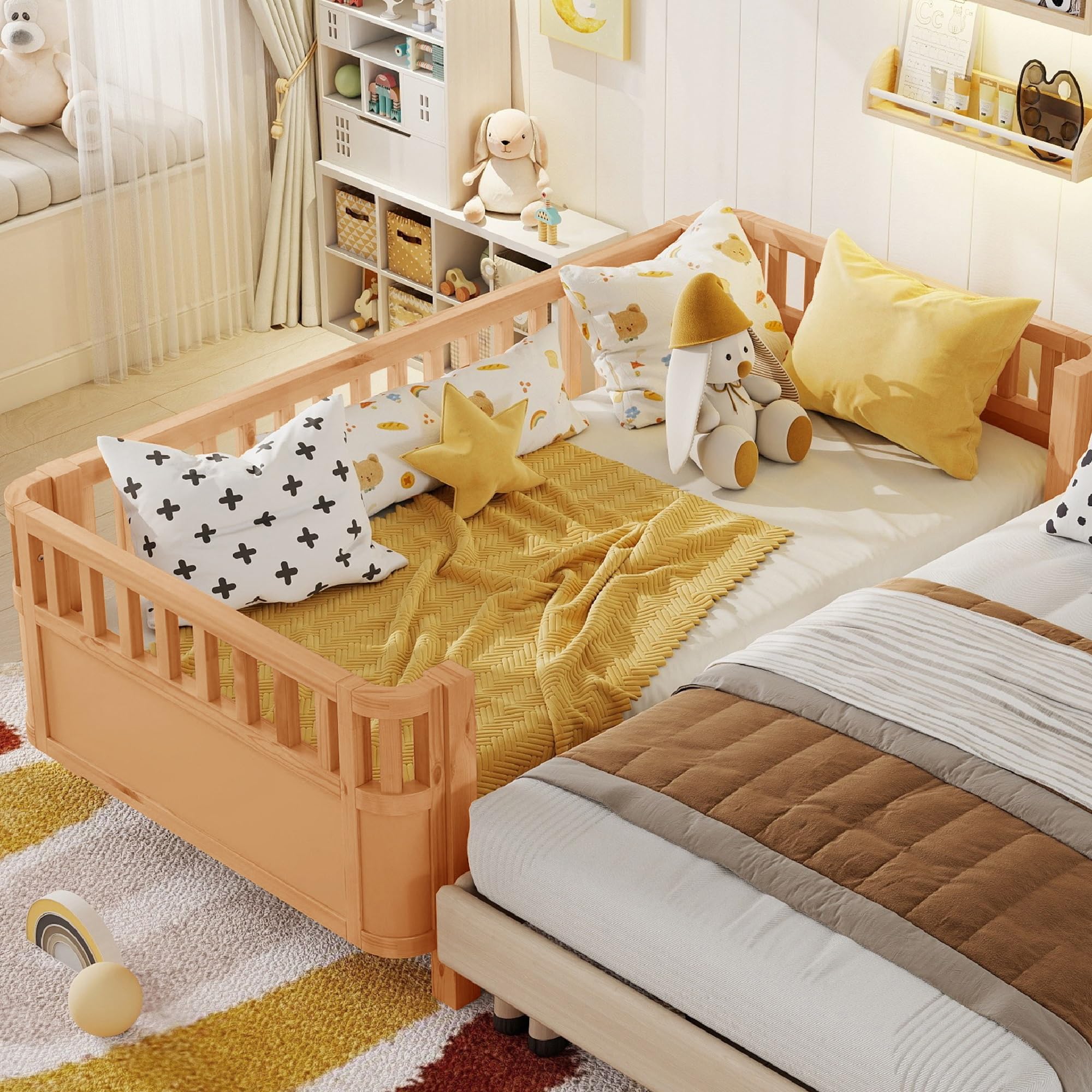 KEIKI Twin Size Wooden Floor Bed w/Removable Rails, Montessori Platform Bed Frame w/Safety Low Profile, Space Saving Corner Kids Beds for Boys Girls Bedroom, No Box Spring Needed, Easy Assembly, Brown