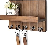 Rebee Vision Rustic Wood Key Holder Wall Mount with Shelf - Mail Organizer for Entryway & Living Room Decor, 5 Hooks, Brown 10x7.28in