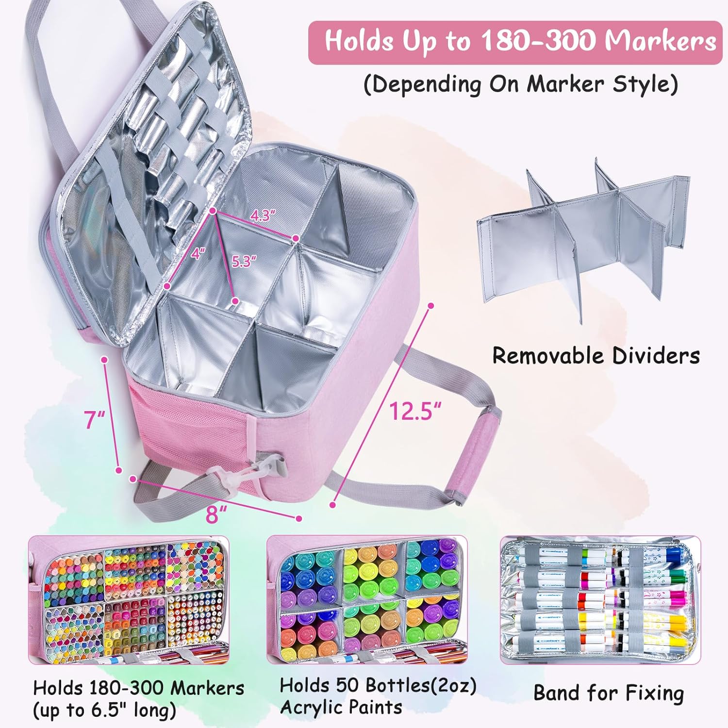 Marker Organizer Case for 180-300 Markers, Acrylic Paint Organizer Bag with Divider & Brush Pockets – Portable Art Supply Storage Bag