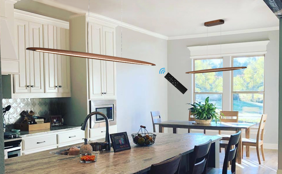 Image of YISDESIGN 39 inch Wood Linear Pendant Light LED Dimmable Hanging Light Dinning Room Light Fixture Island Lights 24w for Dining Room Kitchen Island Bar Walnut Color