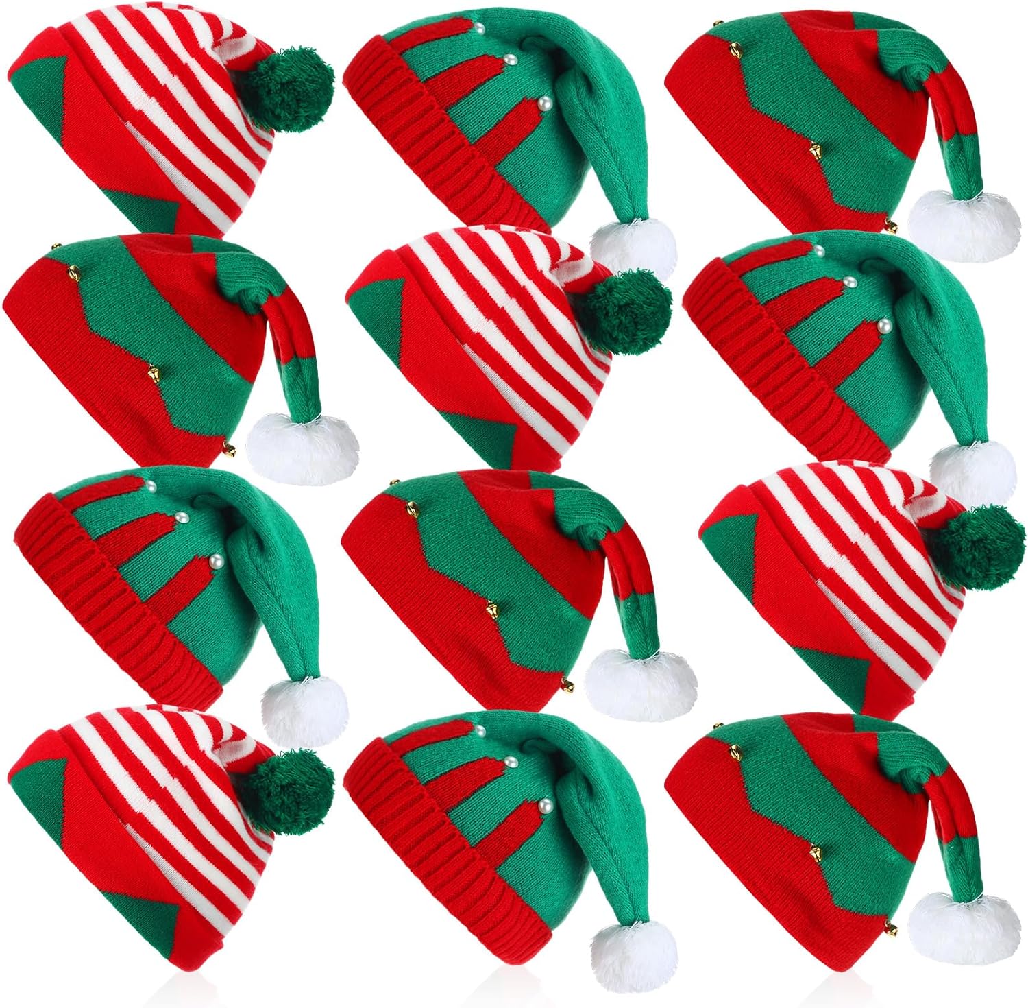 Berlune 12 Pcs Christmas Hats for Adult Knitted Beanie Hat Winter Warm Santa Knit Hat Xmas Striped Holiday Beanies Cap for Women Men Christmas Party New Year's Gift