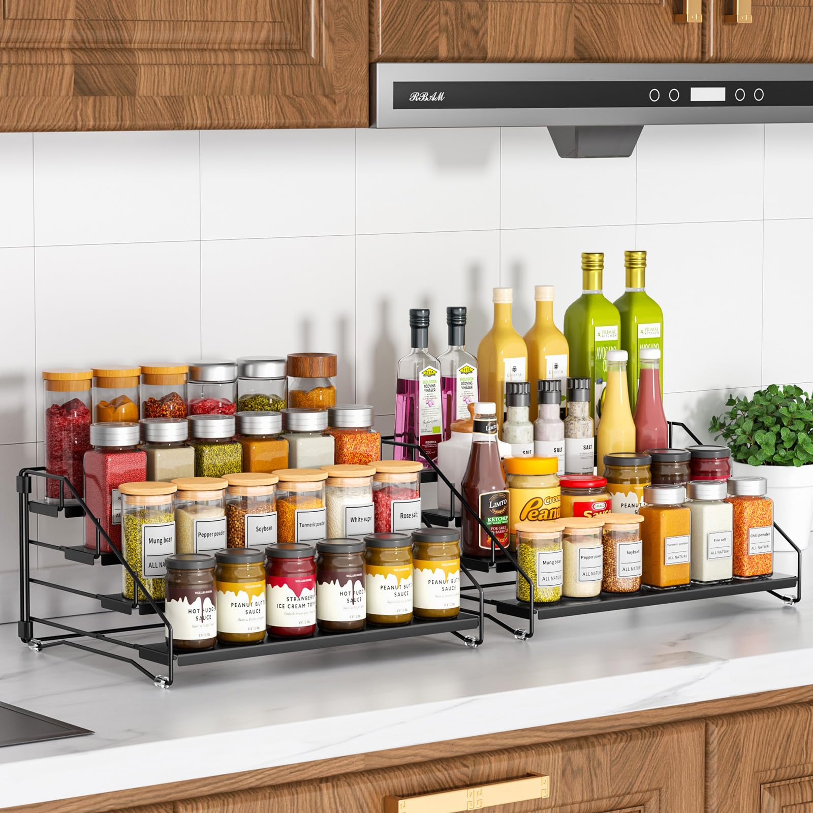 RCHYFEED Lot de 2 étagères à épices pour placard, garde-manger, étagère à épices à 4 niveaux, organisation facile à visibilité, étagère extensible pour assaisonnement pour armoire (noir, lot de 2)