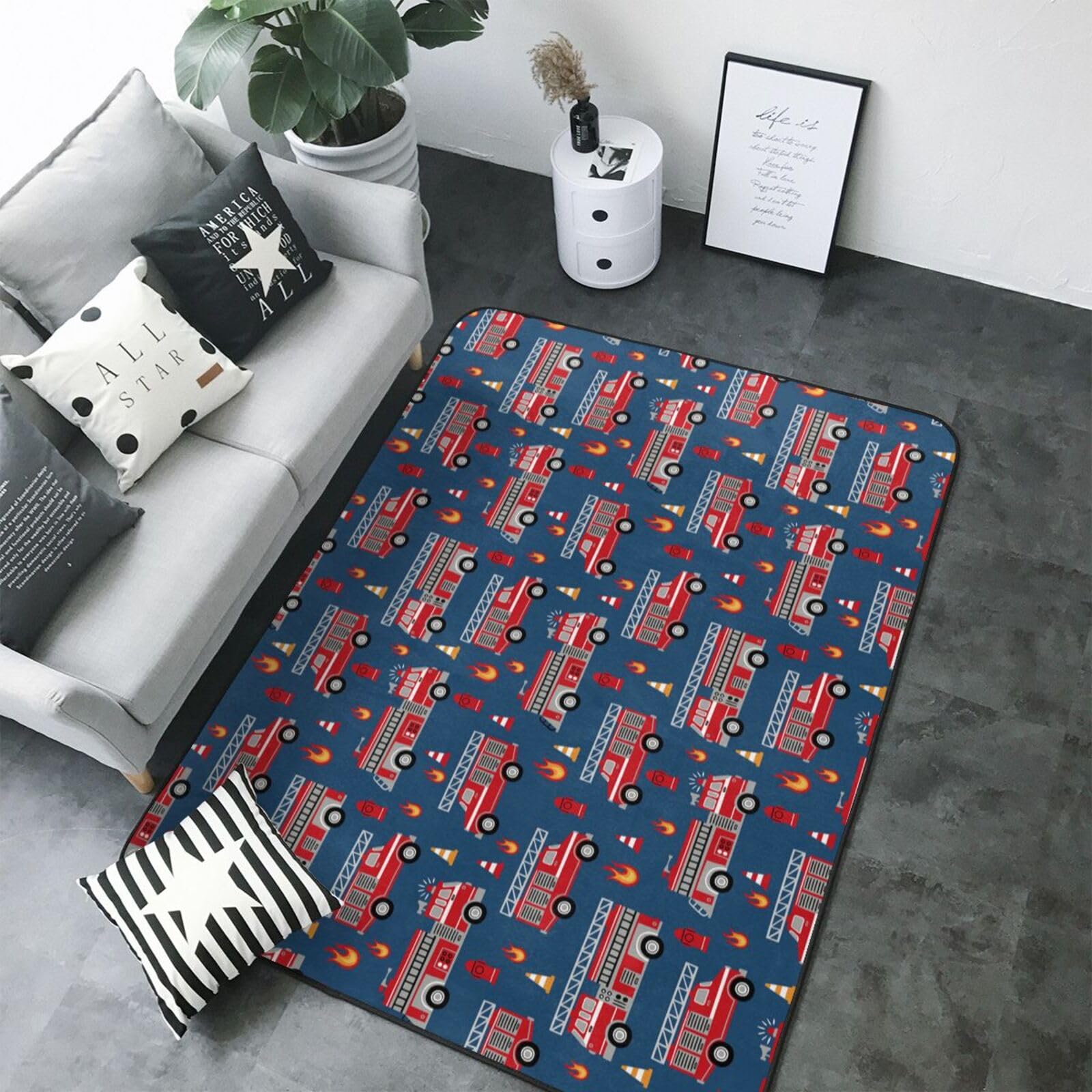 Tapis camion de pompiers décoration salon chambre enfant 203x147 cm