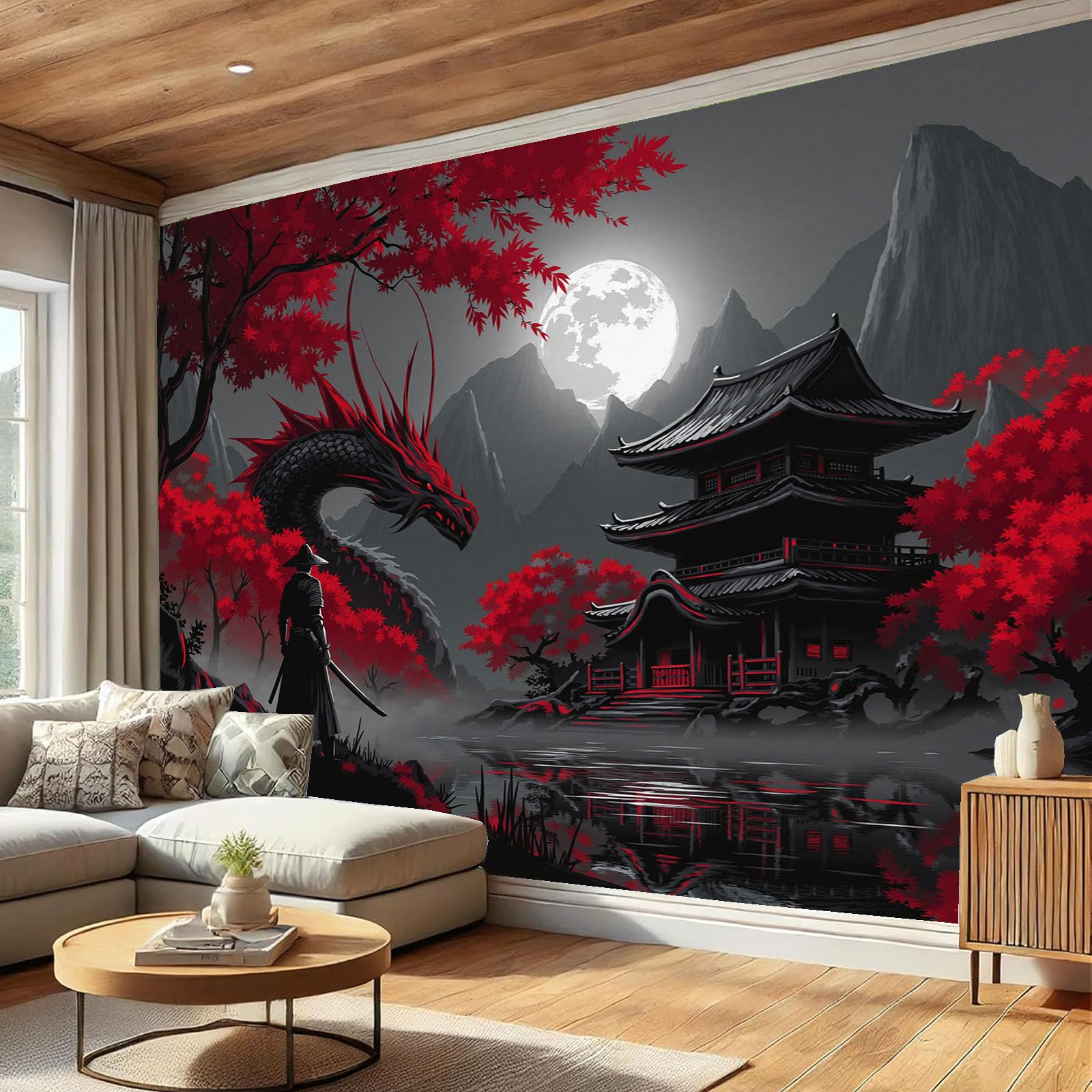 Papier peint panoramique samouraï et dragon noir intissé 350x256 cm