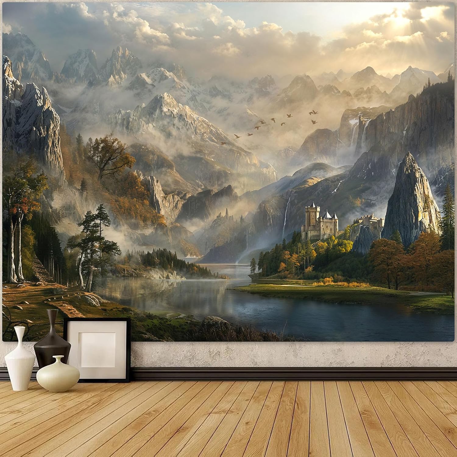 Spenlife Fantasy Valley Castle Wall Tapestry, Enchanted Mountain Lake Tapestries for Room Decor, Scenic Tapestry 90x70 Inch