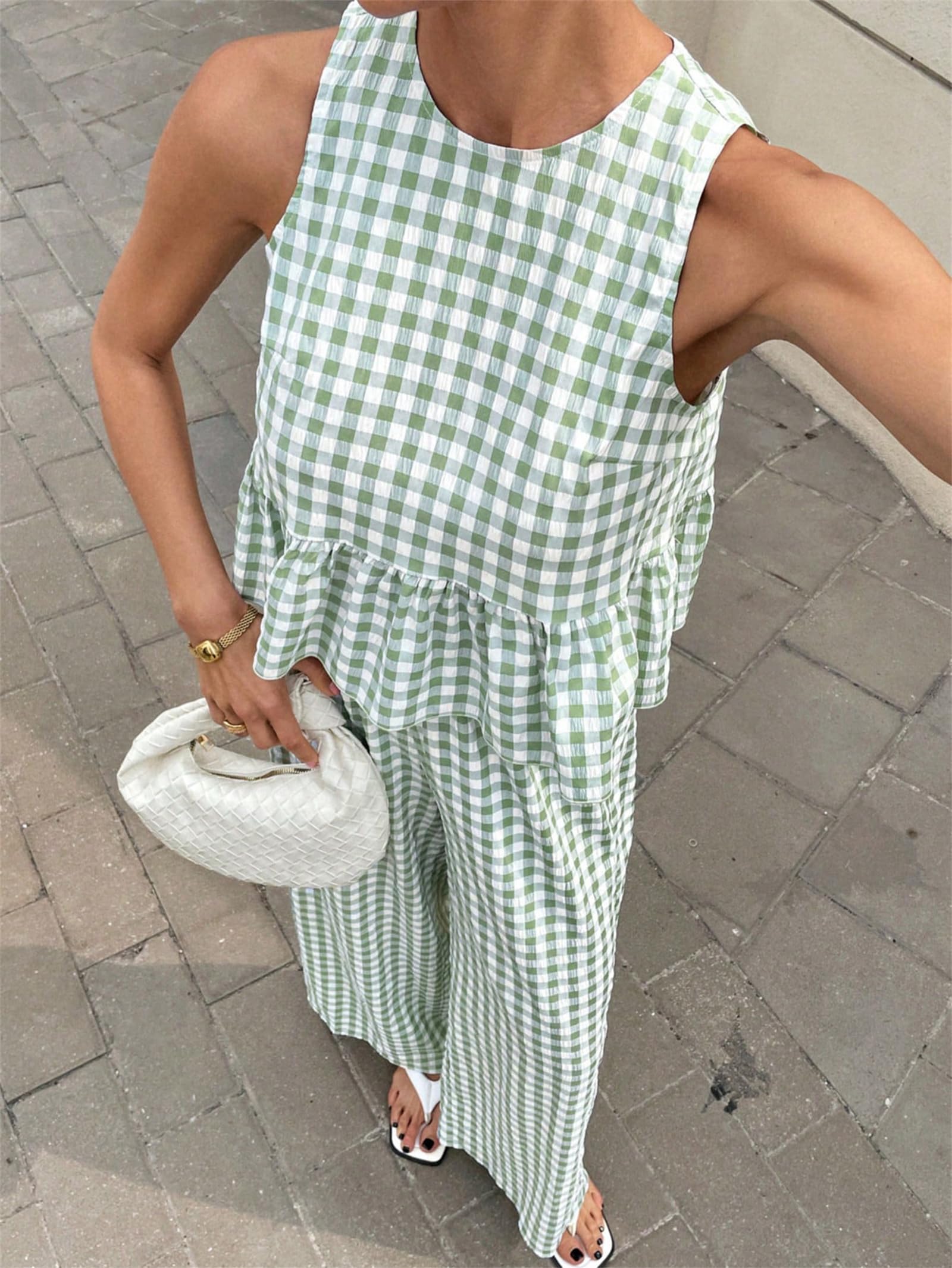 Ensembles à carreaux 2 pièces pour femme, haut et pantalon à volants à dos ouvert, ensemble de salon de vacances pour femme