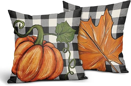 Miniatura 1 de Juego de 2 fundas de almohada de otoño de 18 x 18 pulgadas, diseño a cuadros de calabaza, hojas de arce, fundas de almohada decorativas para Acción