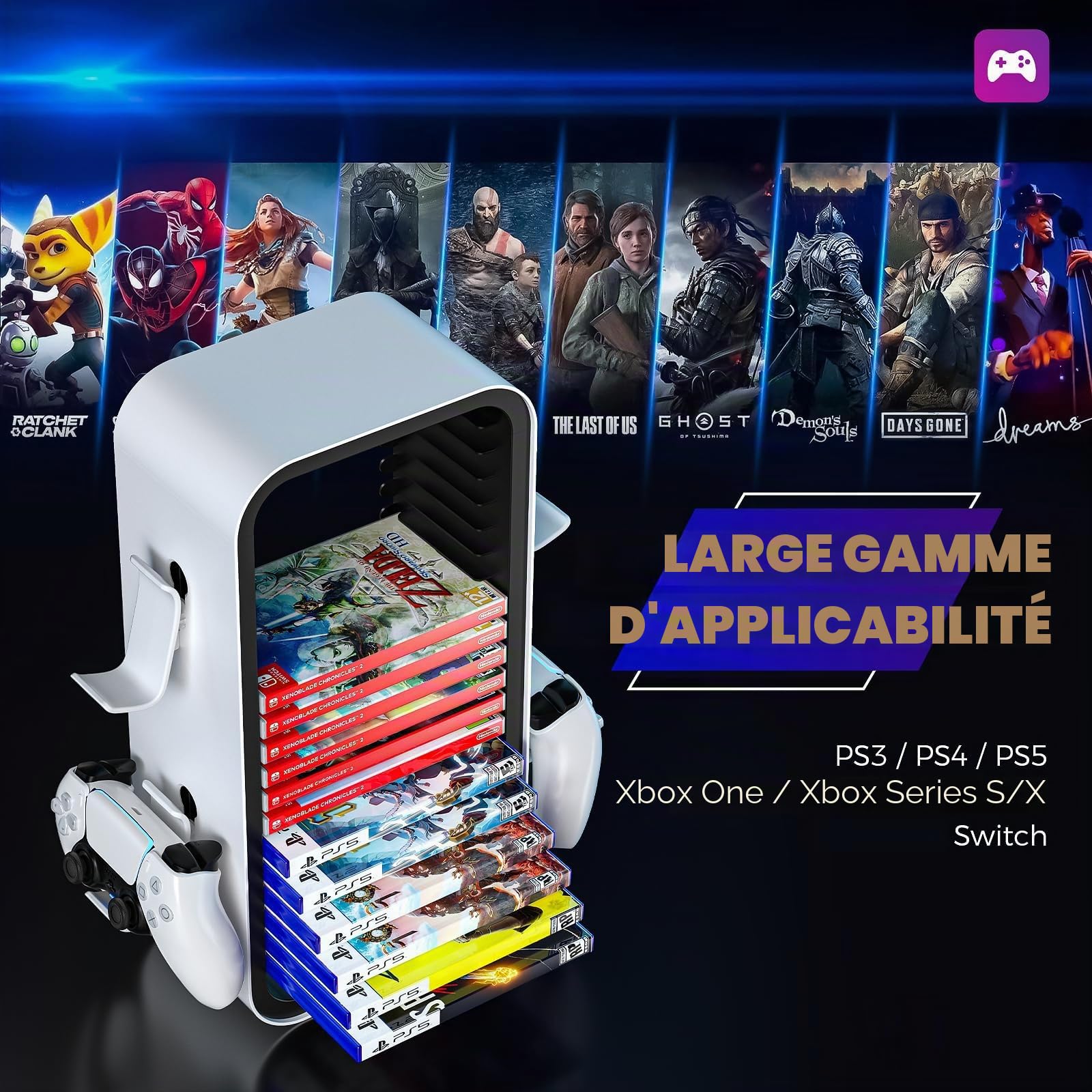 Tour de rangement universelle pour jeux vidéo PS5/PS4/Xbox One/Xbox 360/Xbox Series X/S/Switch, DVD et disques Blu-Ray, peut contenir 19 jeux, avec 4 supports de manettes