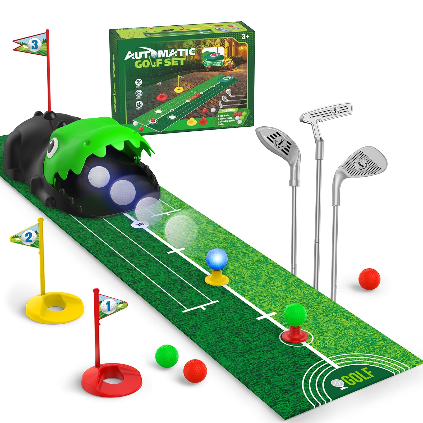 Naxudcoo Kids Golf Set with Dinosaur Automatic Ball Returner, LED Golf Balls, Putting Mat, 3 Clubs, Toddler Mini Golf Game, Indoor Outdoor Sports Toy, Gift for Boys Girls Aged 3 4 5 6