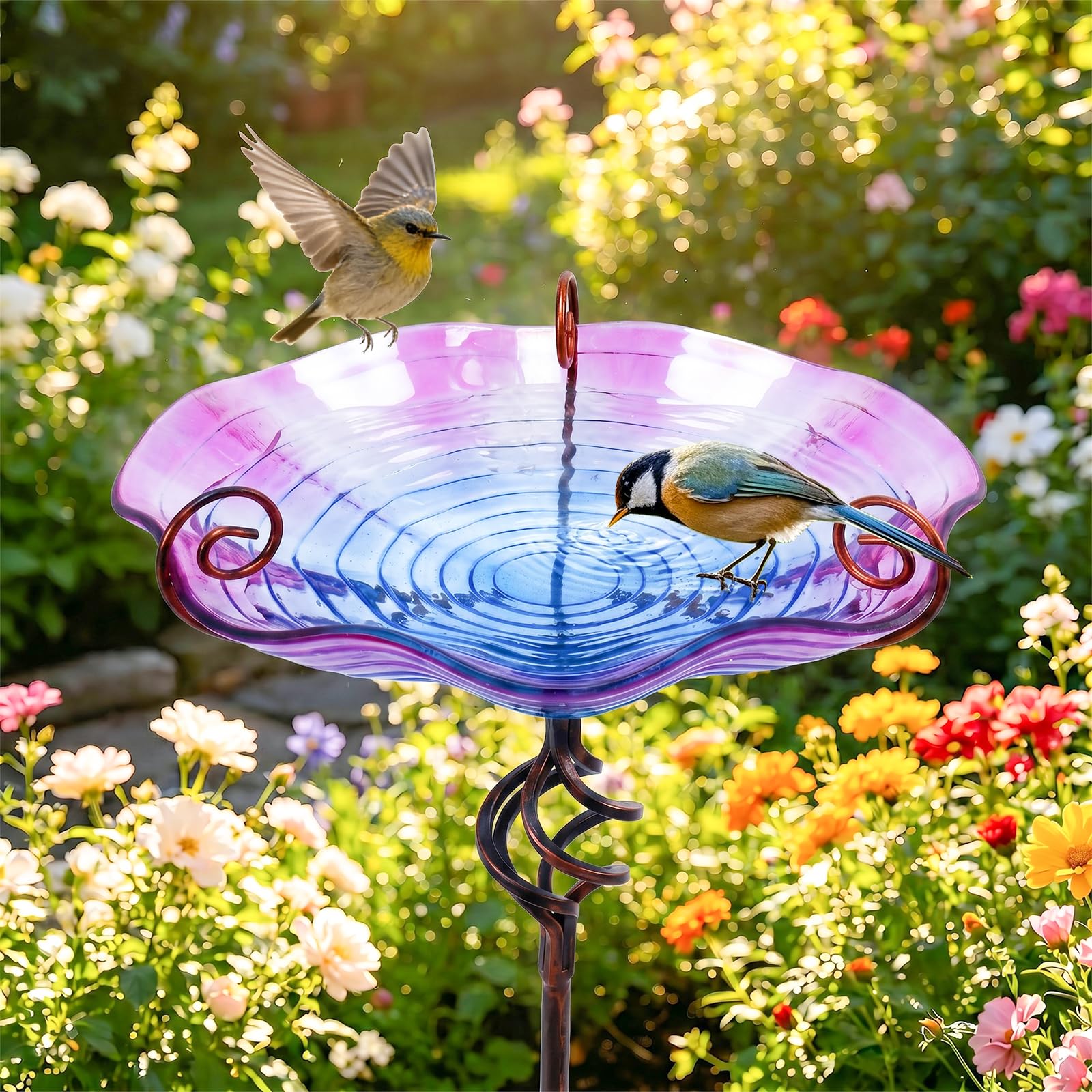 MUMTOP Bañeras de cristal para pájaros de 31 pulgadas de altura, comedero para pájaros al aire libre con estaca de metal, jardín y patio exterior, color morado