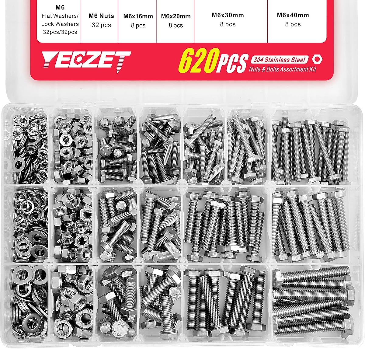 620PCS M4 M5 M6 Heavy Duty Bolts and Nuts Assortment Kit, 304 Stainless Steel, Includes 13 Most Common Sizes