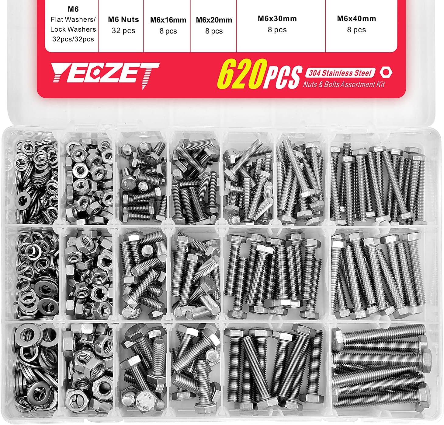 YEEZET 620PCS M4 M5 M6 Heavy Duty Bolts and Nuts Assortment Kit, 304 Stainless Steel, Includes 13 Most Common Sizes