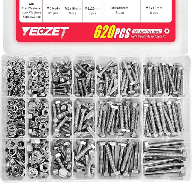 YEEZET 620PCS M4 M5 M6 Heavy Duty Bolts and Nuts Assortment Kit, 304 Stainless Steel, Includes 13 Most Common Sizes