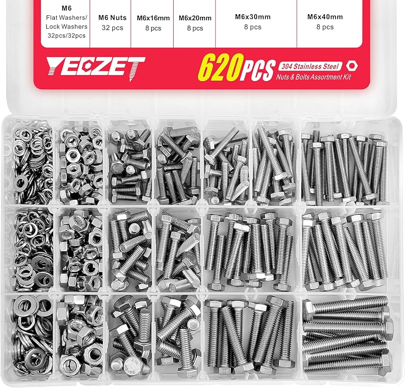 620PCS M4 M5 M6 Heavy Duty Bolts and Nuts Assortment Kit, 304 Stainless Steel, Includes 13 Most Common Sizes