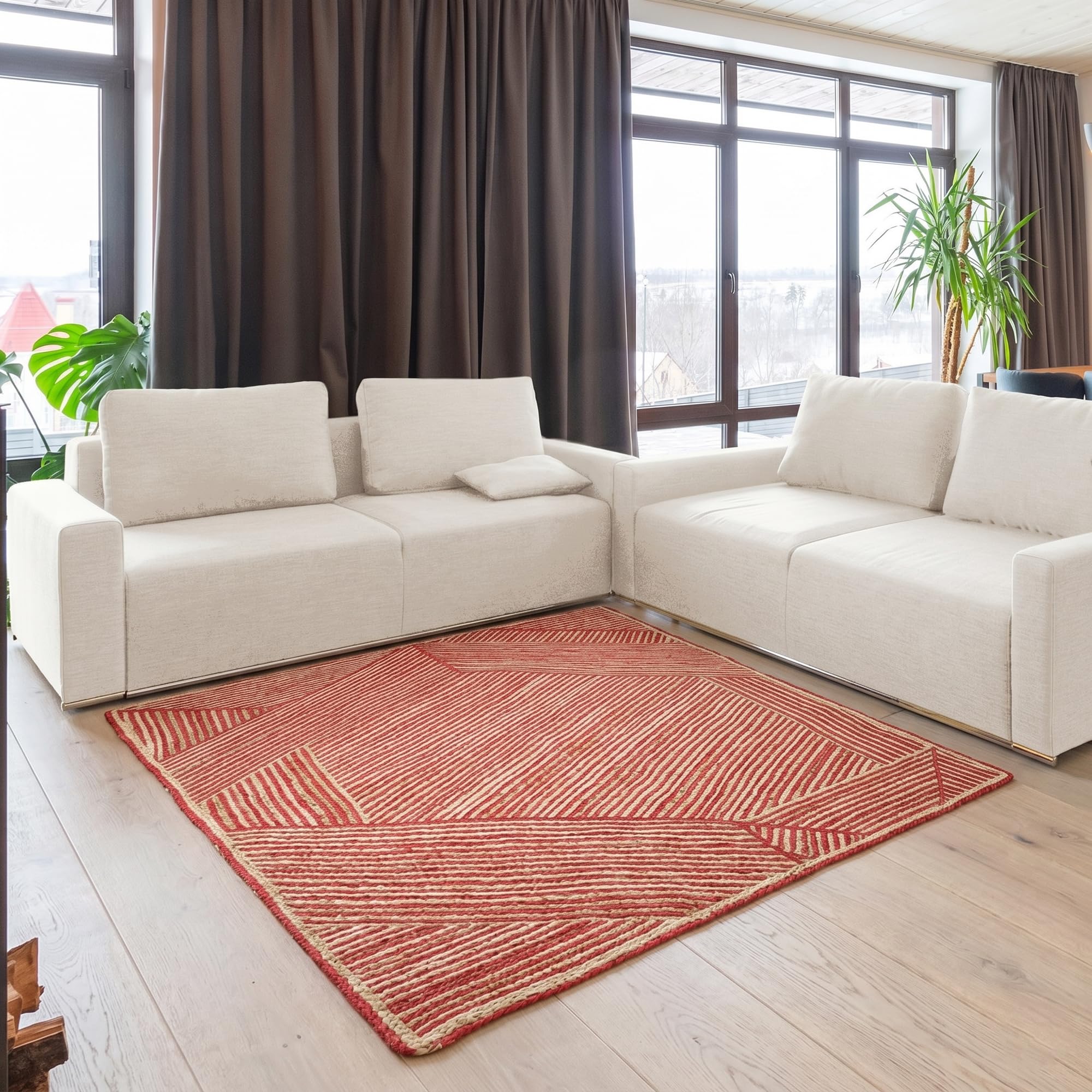 Tapis en jute 1,2 x 1,2 m à motif géométrique rouge pour chambre d'enfant cosy