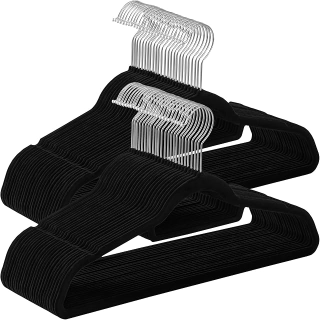 SONGMICS Velvet Hangers, 50 Pack, Non-Slip Clothes Hangers, 0.6 cm Thickness, Space Saving, 360° Swivel Hooks, 45 cm Long, for Coat, Jacket, Shirt, Dress, Trousers, Black CRF50B