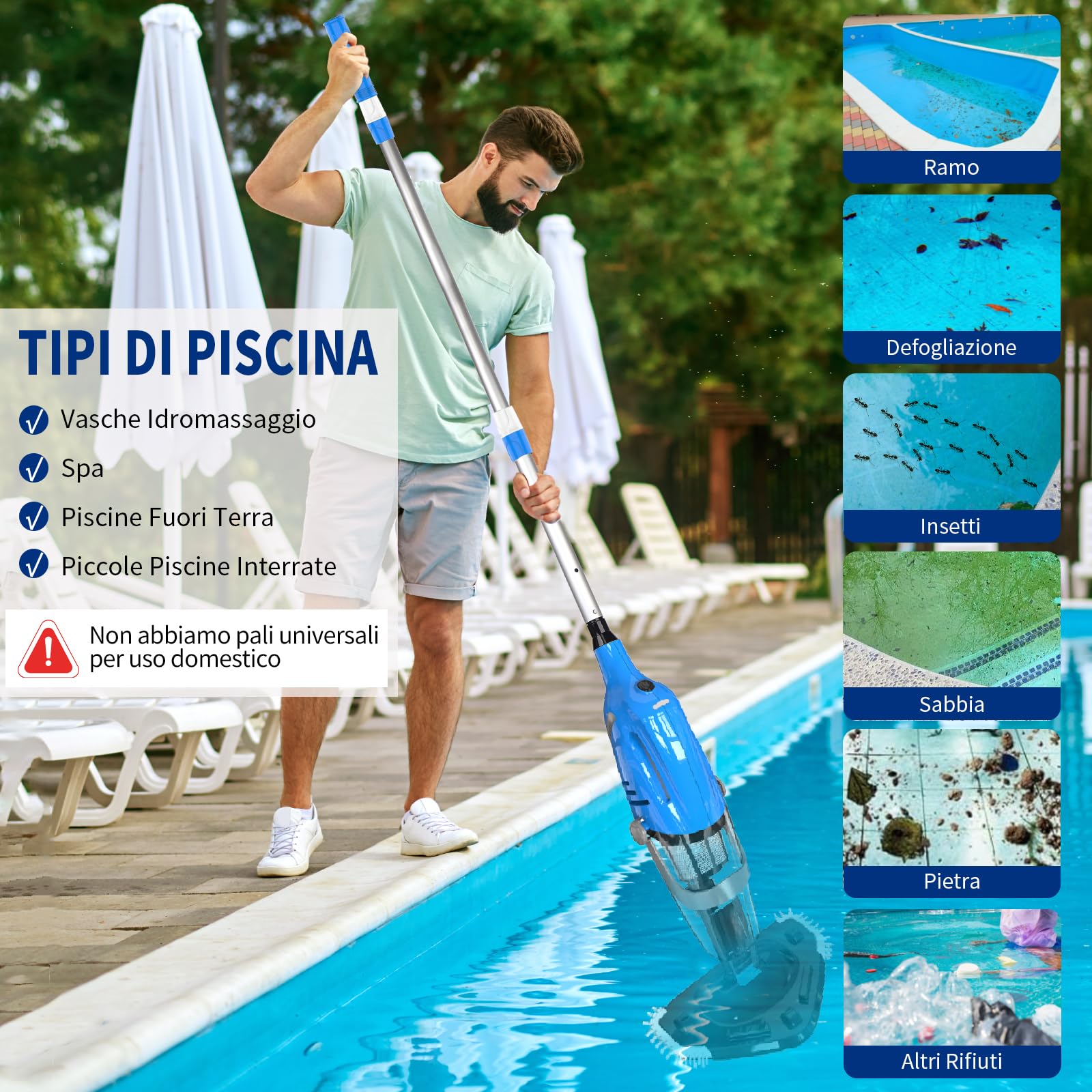 Aspirapolvere Piscina a Batteria, Aspiratore per Piscina | Aspirapiscina Senza Fili, Aspiratore a Mano per Piscina Fuori Terra, Spa, vasche Idromassaggio, Autonomia 60 Minuti, Blu