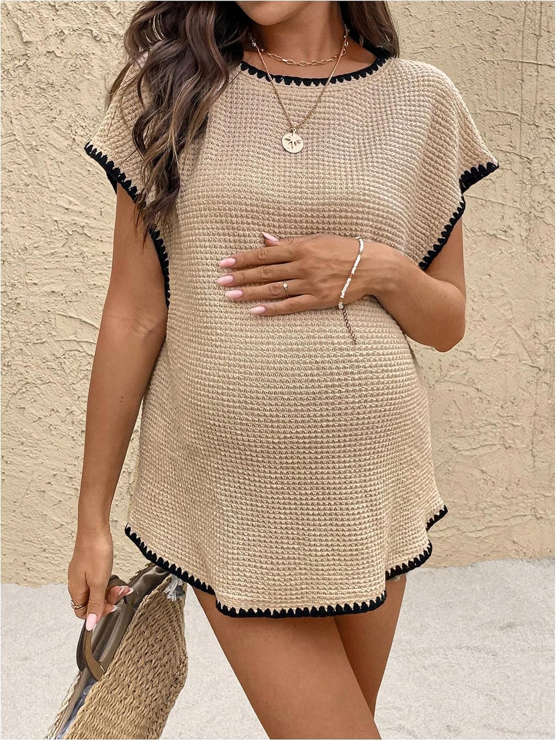 MakeMeChic Women's Maternity Textured T Shirt Summer Work Pregnancy Nursing Tops Crew Neck Short Sleeve Tees