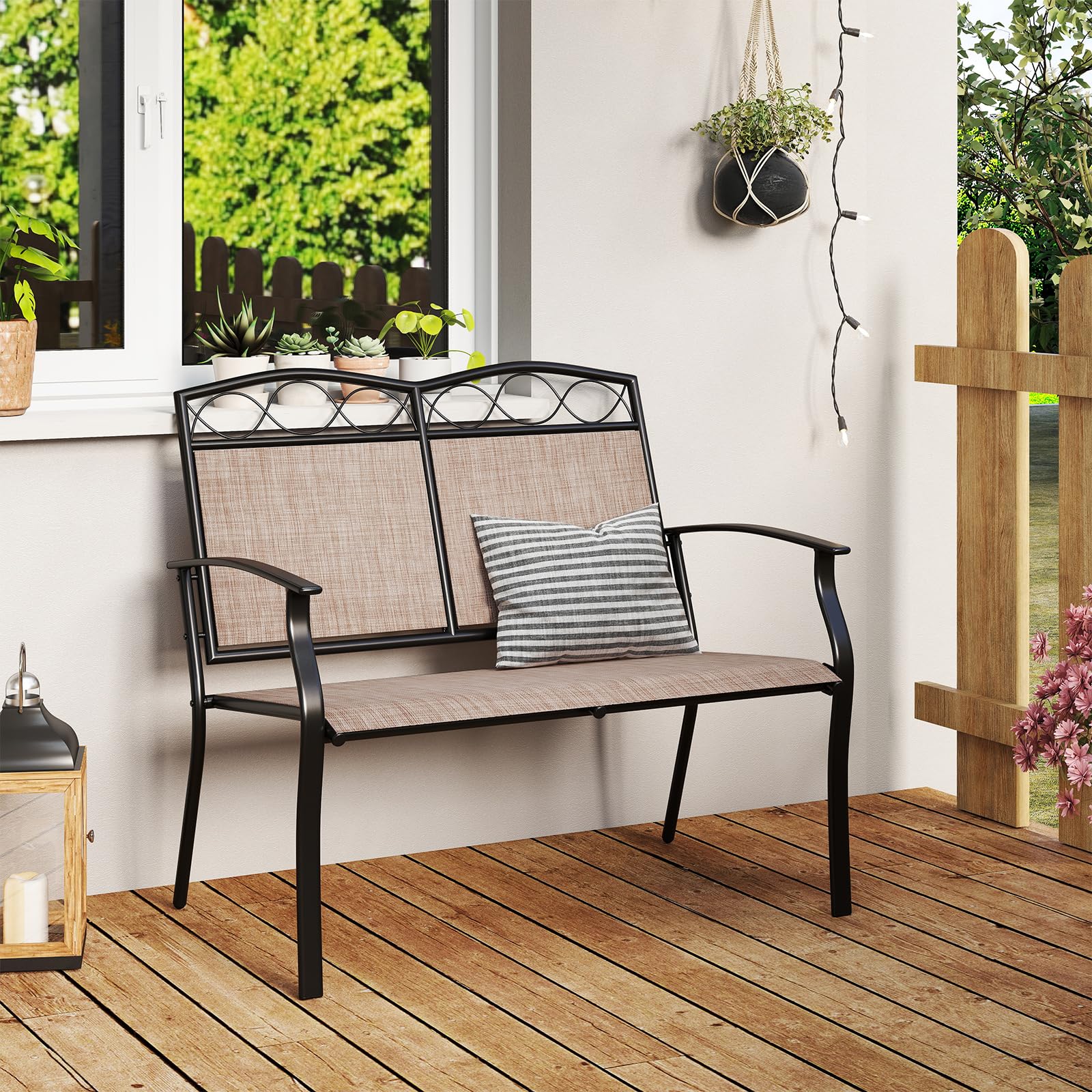 COSTWAY Gartenbank wetterfest, Outdoor Sitzbank für 2 Personen, Balkonbank mit Metallrahmen, atmungsaktivem Stoff, bis 300 kg belastbar, für Garten, Balkon, Terrasse
