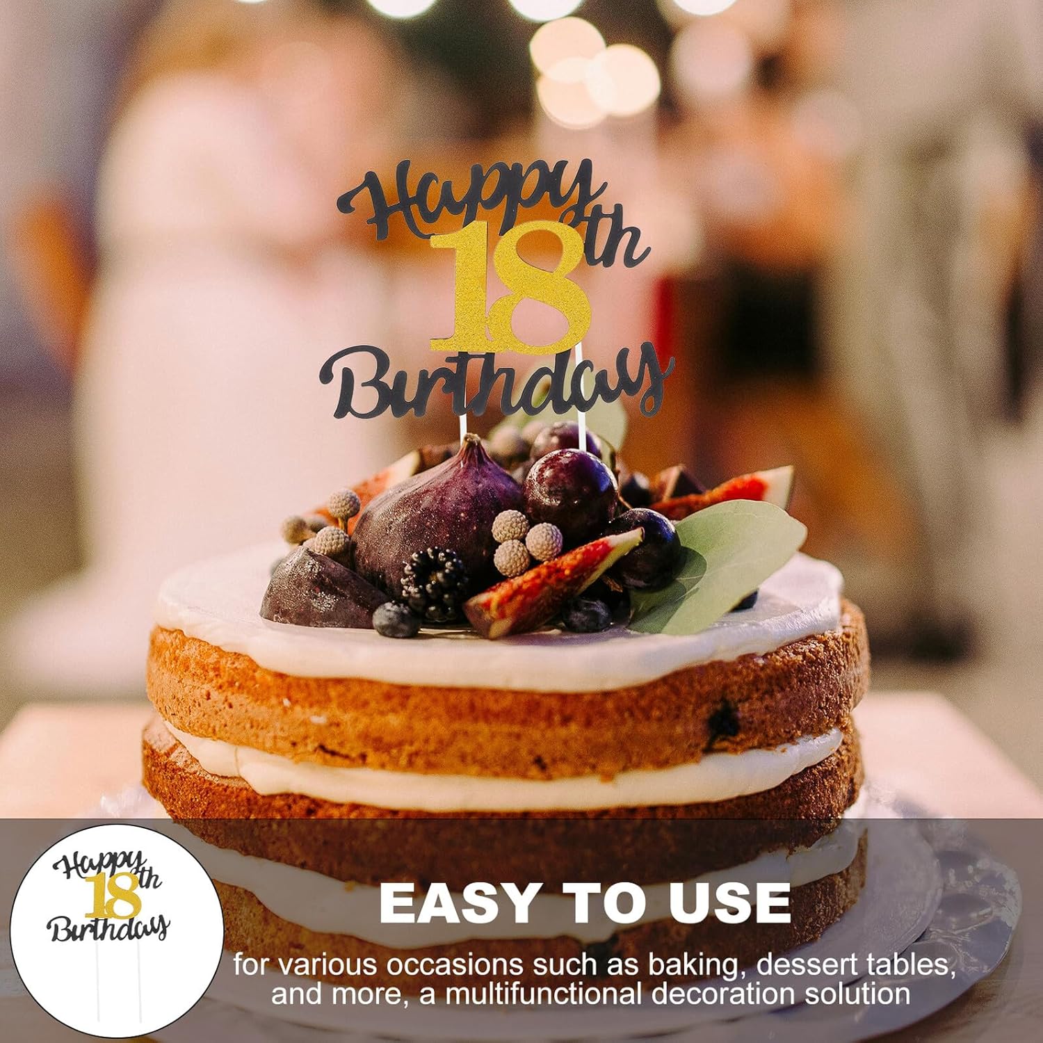 10pcs Happy Birthday Cake Topper with Black and Gold Glitter Number 18 Non-edible Birthday Cake Picks for 18th Party Decorations