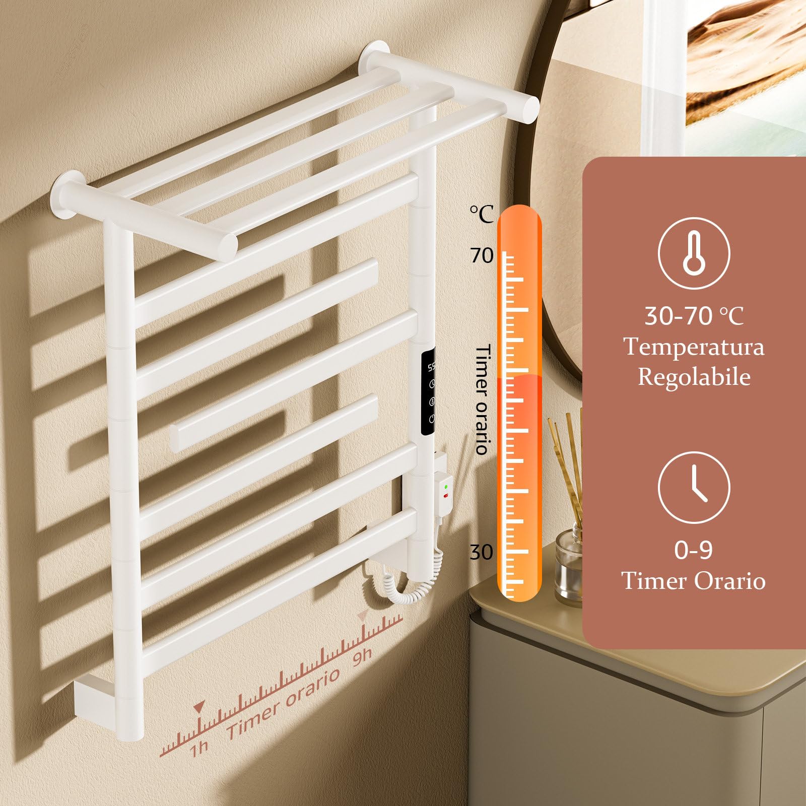 Scaldasalviette Elettrico Bagno Bianco, Portasciugamani Elettrico con Barre Girevoli 180°, 66x55cm 350W Scaldasalviette Elettrico con Ripiano, Temperatura Regolabile 30-70℃, Temporizzazione 0-9 ore