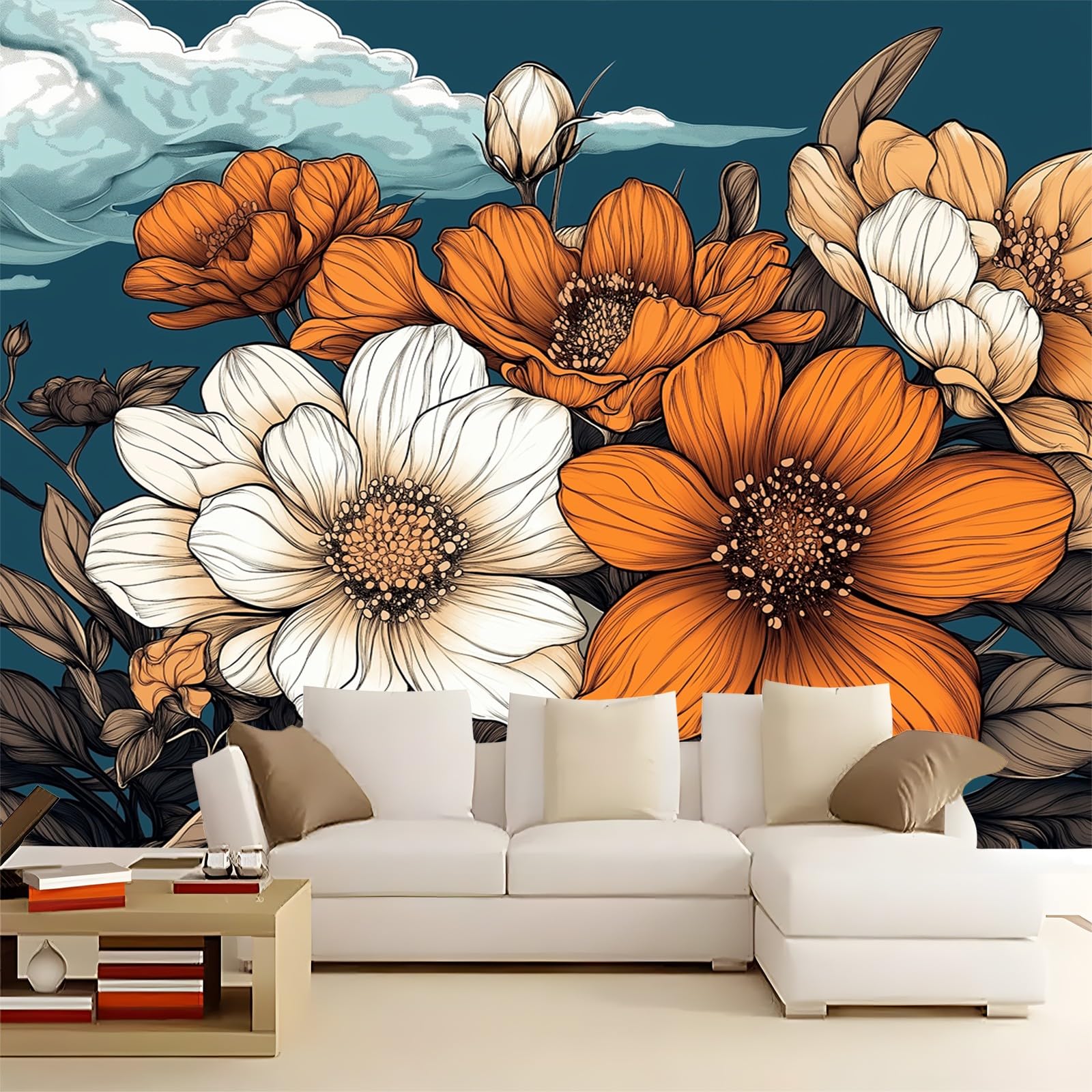 Panoramiczne Tapety Kwiaty Ręcznie Malowane Retro Tapety, Włókniny Plakat Mural 3D 300 x 210 cm, Salon Tapeta Sypialnia Pomarańczowy I Biały