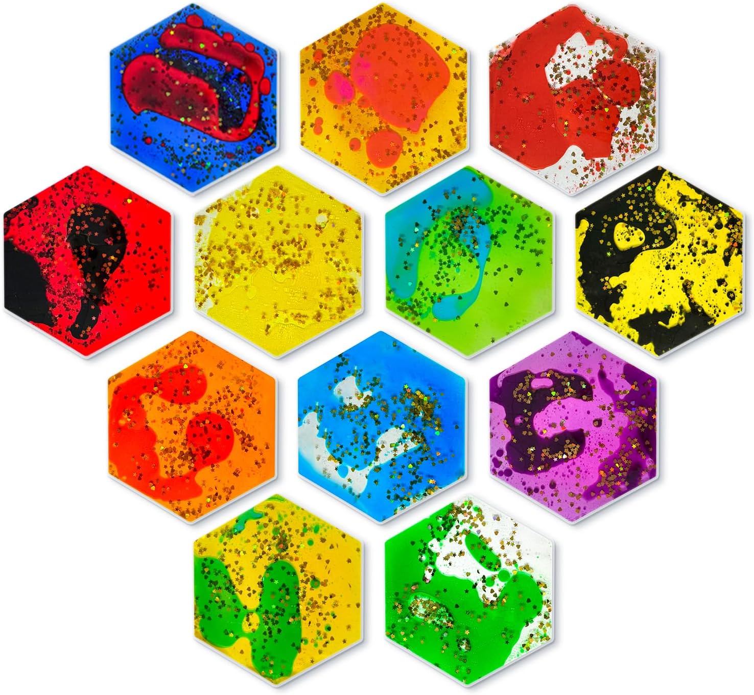 Onyoloy Liquid Sensory Soft Gel Toys - Set of 12 - Hexagonal Sensory Fidget Toys, Water Sensory Toys for Nursery, Playroom, Toddlers and Kids with Autism.
