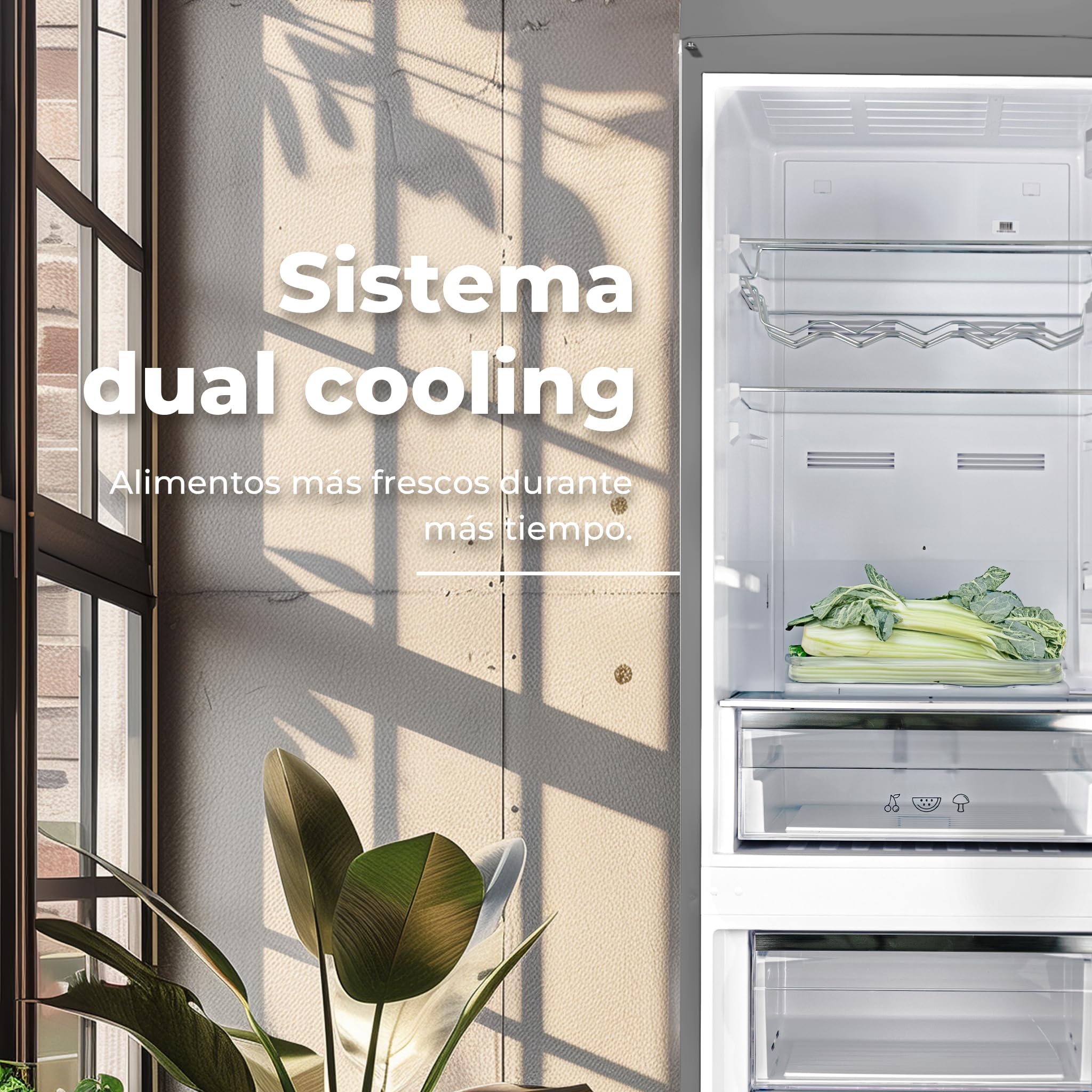 EVVO Frigorífico combi, Diseño Retro, No Frost, Capacidad Frigorífico 230L y Congelador 94L, Libre de Gas CFC, Refrigeración Turbo Fan, Crisper Zone, Control manual (F60 Retro Color Gris)