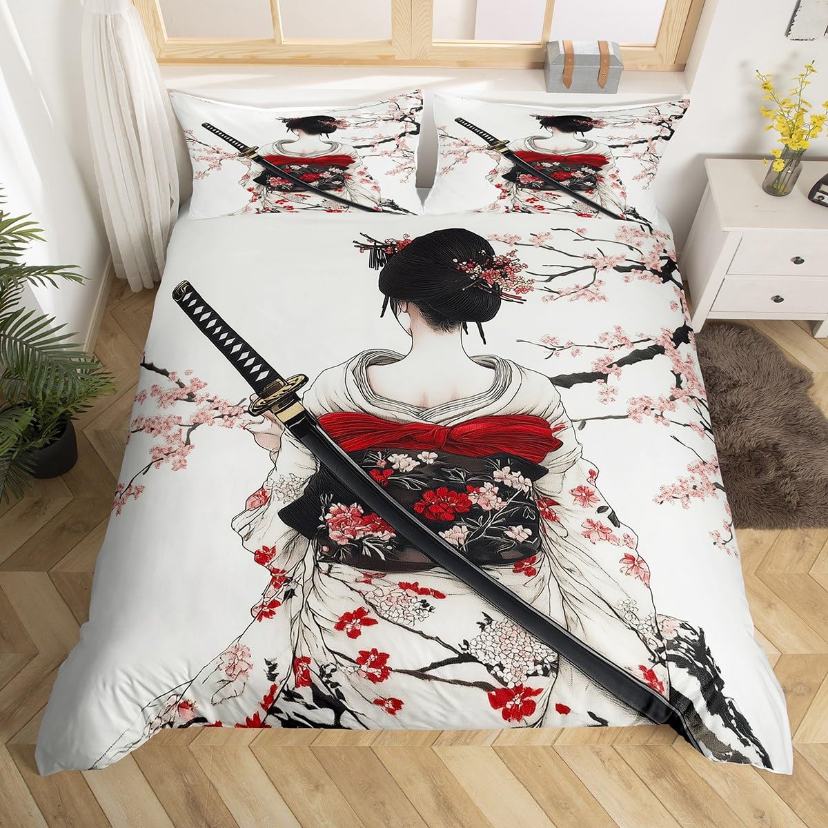 Loussiesd Japan Geisha Duvet Cover Set King Size For Kids Boys Girls Teens Japanese Ukiyoe Bedding Set Cherry Blossoms Comforter Cover with 2 Pillowcases — image 1