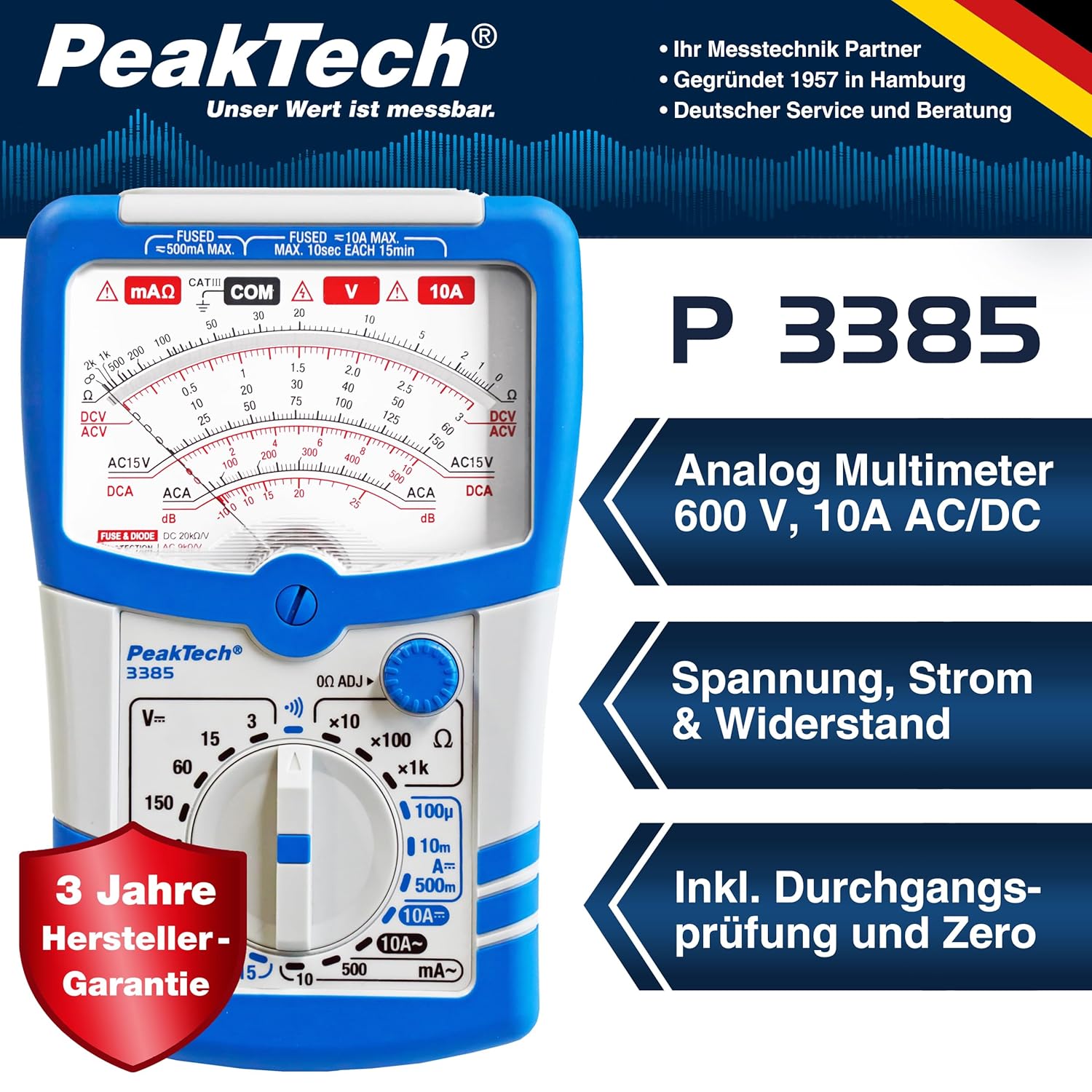 PeakTech 3385 Analog Multimeter in use, demonstrating its practical application for various measurements.