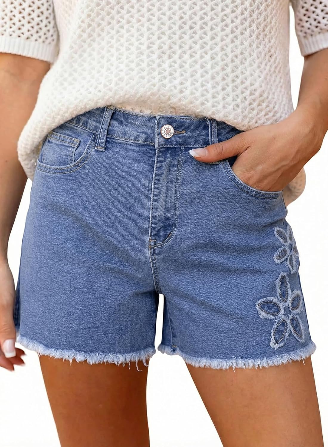 Dokotoo Womens Jean Shorts Floral Embroidered High Waisted Casual Stretchy Raw Edge Hemline Denim Shorts