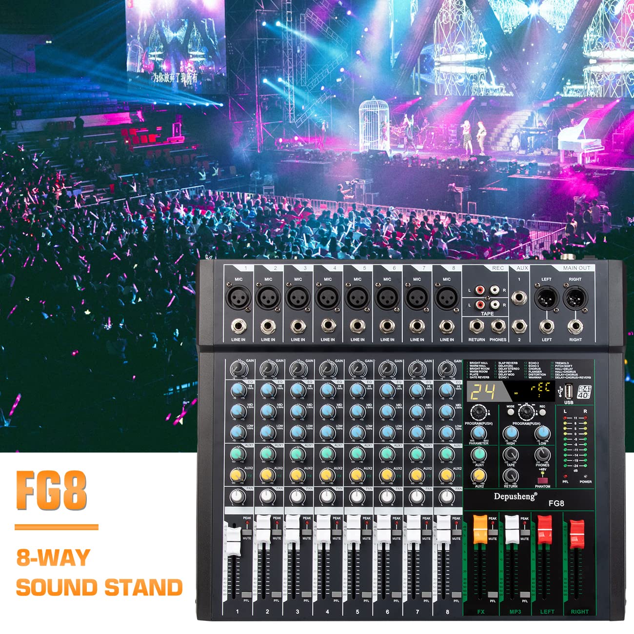 Depusheng FG8 Table de mixage audio professionnelle 8 canaux pour enregistrement sur ordinateur Interface de contrôleur de son 24 effets DSP intégrés avec alimentation fantôme 48 V, MP3, Bluetooth