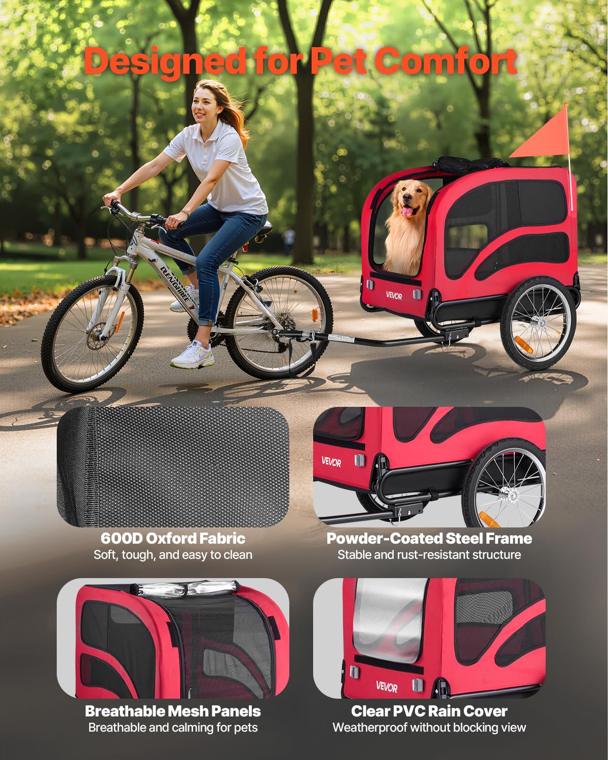 VEVOR Rimorchio per Bici per Cani, Supporta Fino a 45 kg, Carrello Portabici, Telaio Pieghevole con Ruota a Sgancio Rapido, Attacco Universale per Bicicletta, Riflettore, Bandiera Guinzaglio Interno