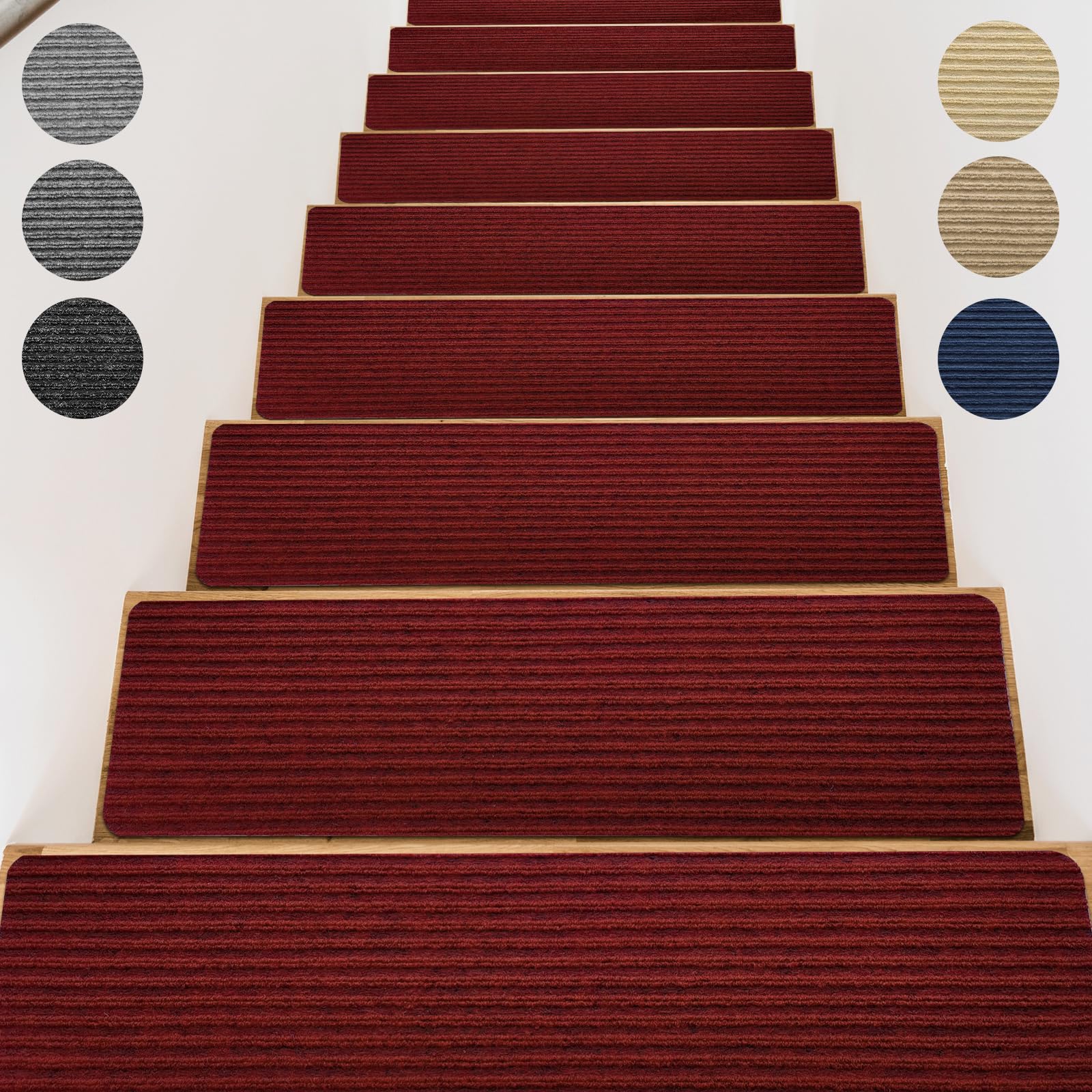 OXKVPVF Stair Treads for Wooden Steps - Non Slip Stairs Carpet Tape Peel and Stick with Double Adhesive Tape Set of 15 Stripe- Dark red