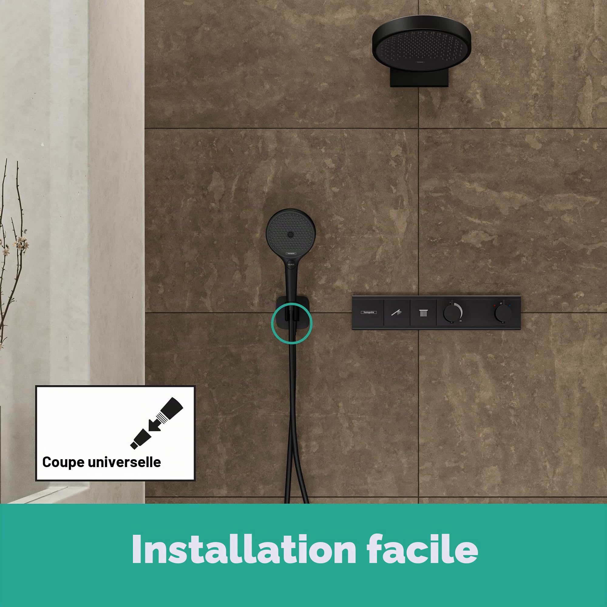 Hansgrohe Coude de Raccordement avec Support Pommeau de Douche Fixfit Q, Raccord Douche avec Support Douchette Mural, avec Clapet Anti-Retour, Noir Mat, 26887670