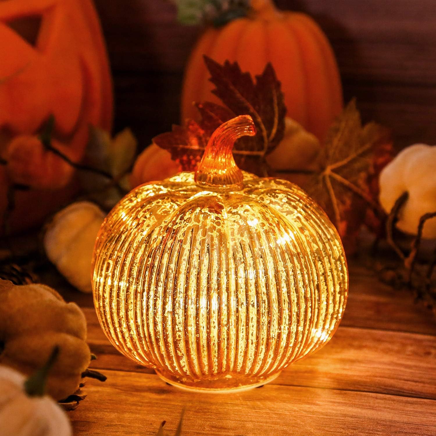 Handcrafted Lavender Crackle Glass Pumpkin Light, LED Battery Operated Table Décor with 6H Timer, Twinkle & Steady Modes, Elegant Fall & Holiday Decoration