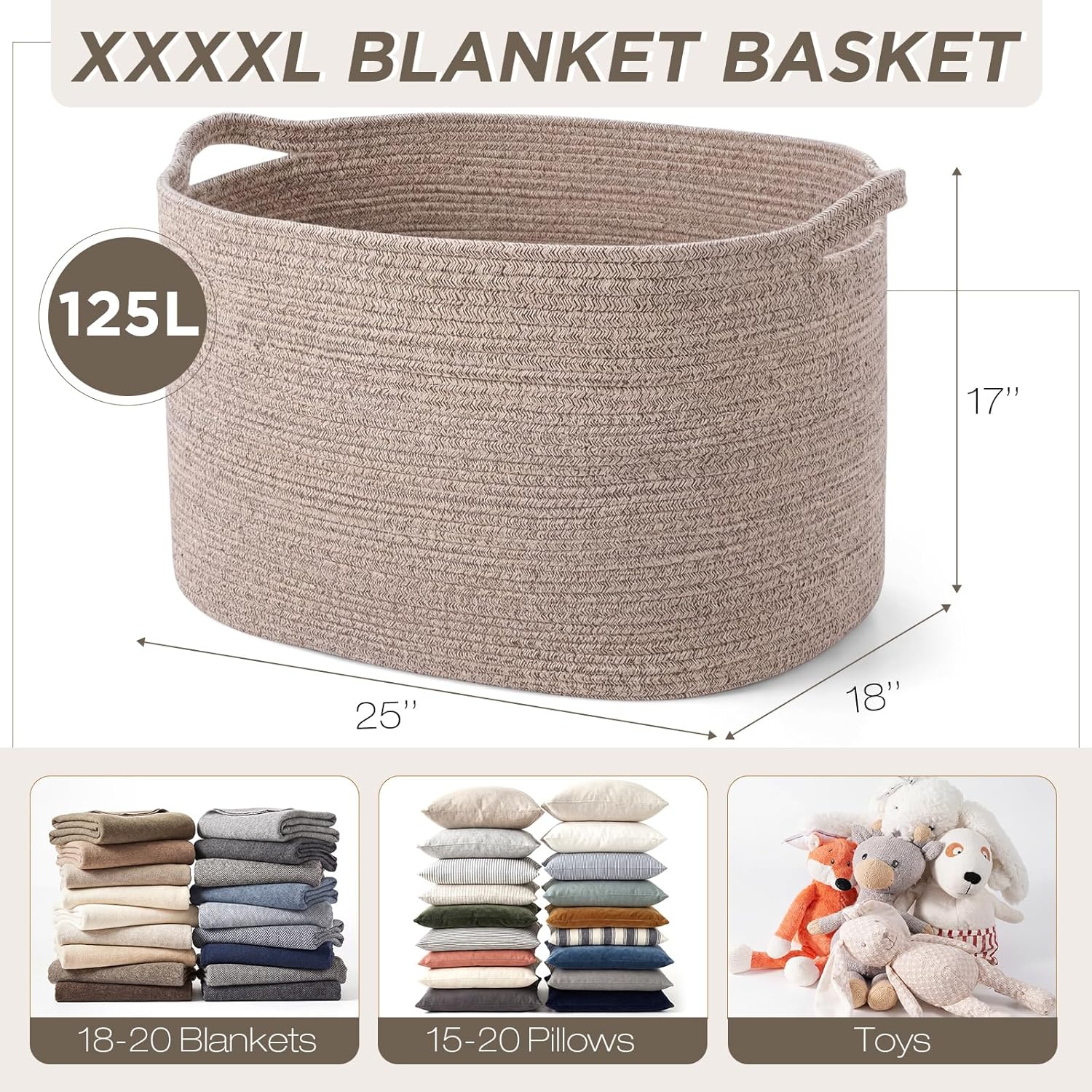 XXXXL 125L Extra Large Woven Blanket Basket, 25" x 18" x 17" Jumbo Cotton Rope Storage Basket with Handles Toy Storage Bins for Laundry Hamper Nursery Organizer Living Room Home(Natural Linen)