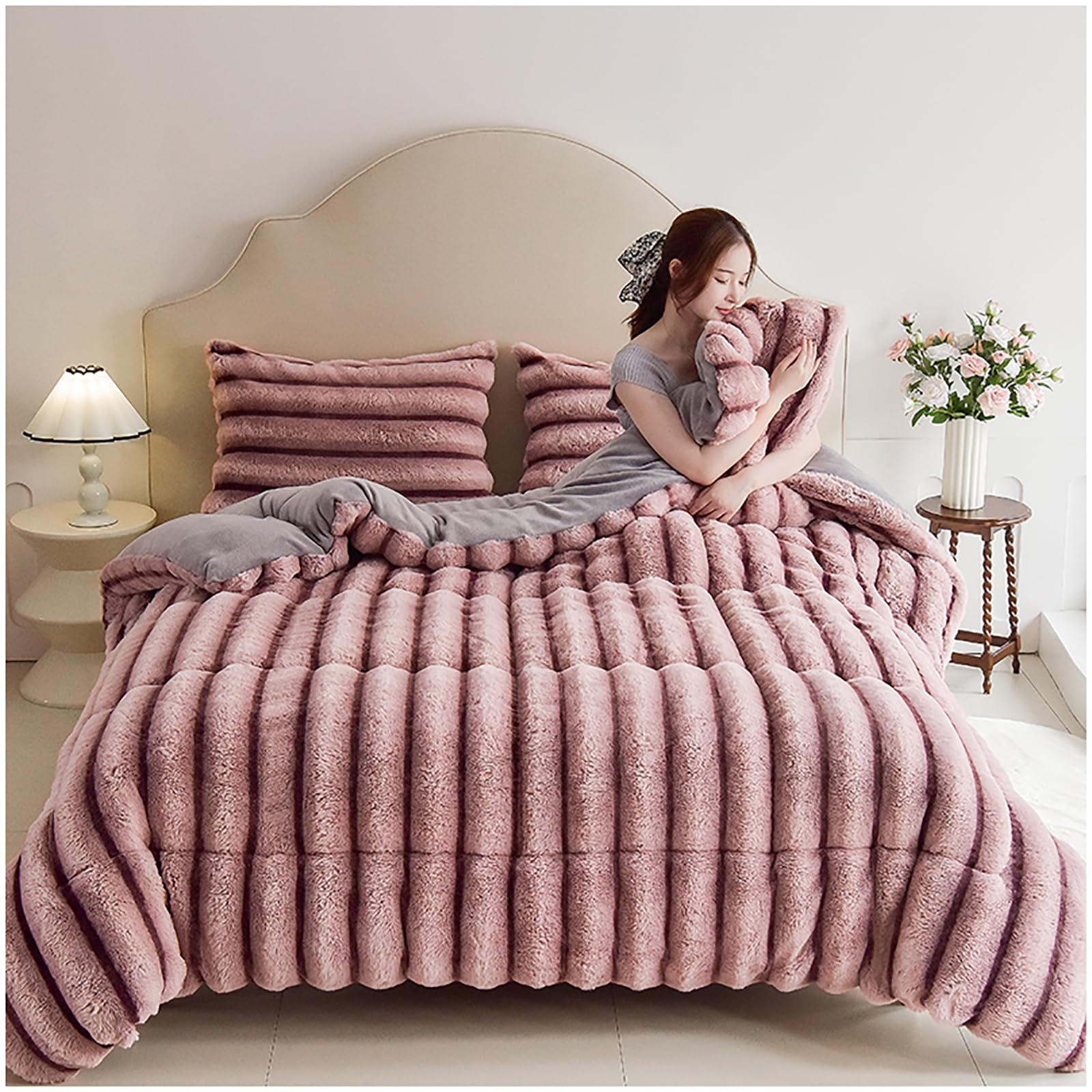 Couette flanelle réversible double face épaisse et duveteuse rose adulte