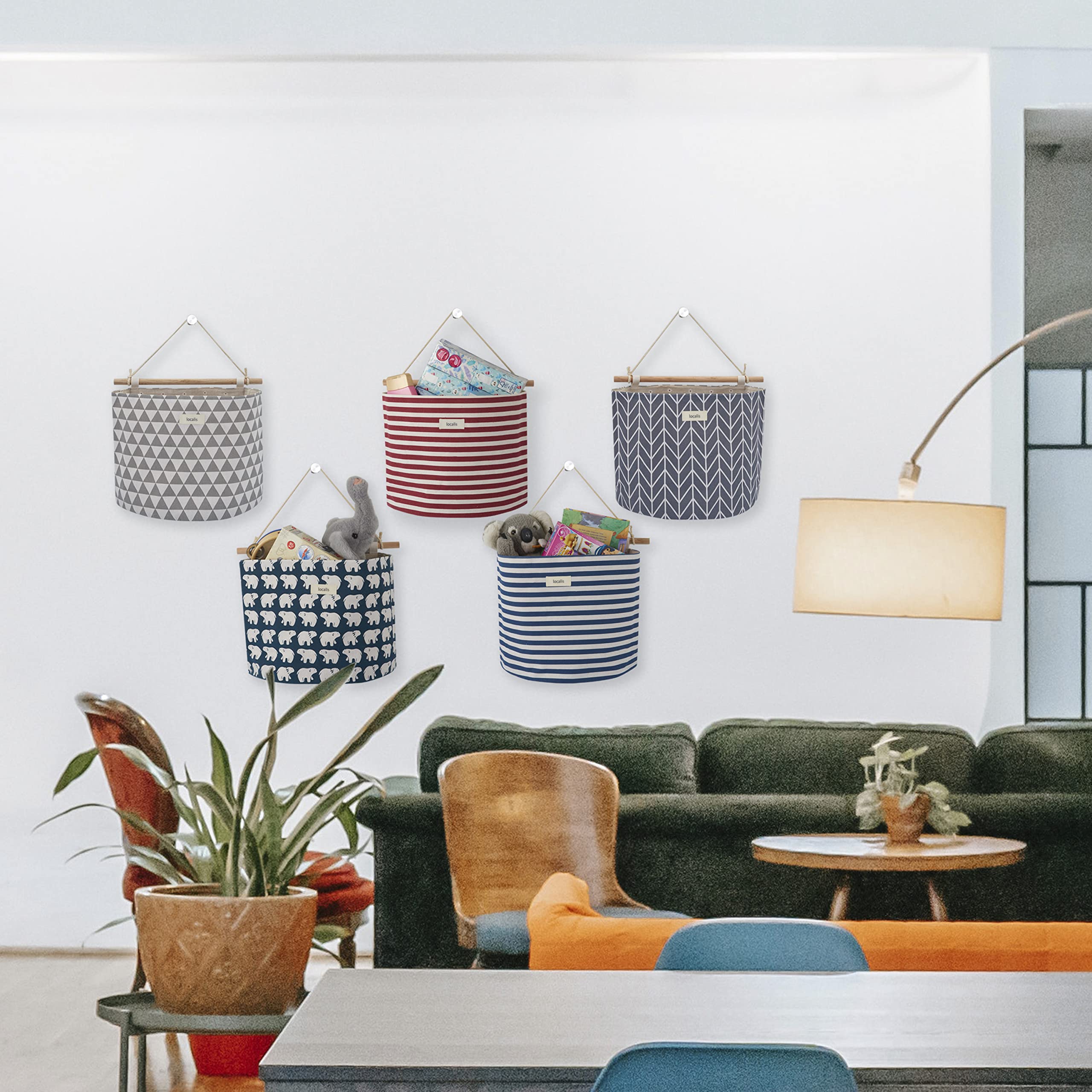 Hängetasche XXL - Stoff, mit Innenfutter - Hängeaufbewahrung, Hängeorganizer, Wandorganizer, Wandtasche - ideal für Home Office, Diele, Bad, Kinderzimmer - 35x15x28 cm (graue Dreiecke)