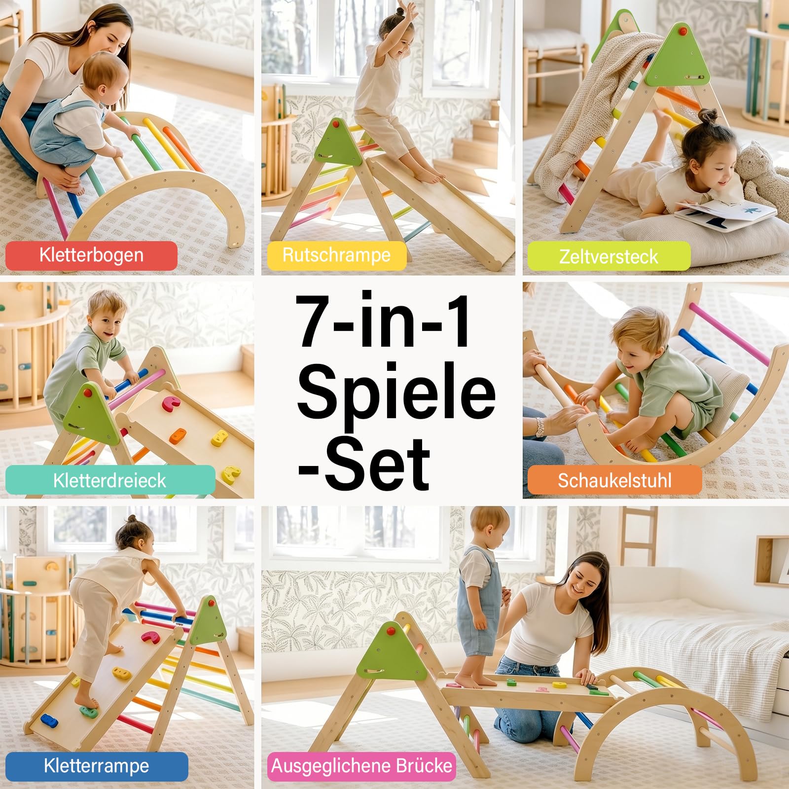 Klettergerüst Indoor Spielset 7-in-1 Klettergerüst mit Rutsche,Bogen für Kleinkinder und Kinder